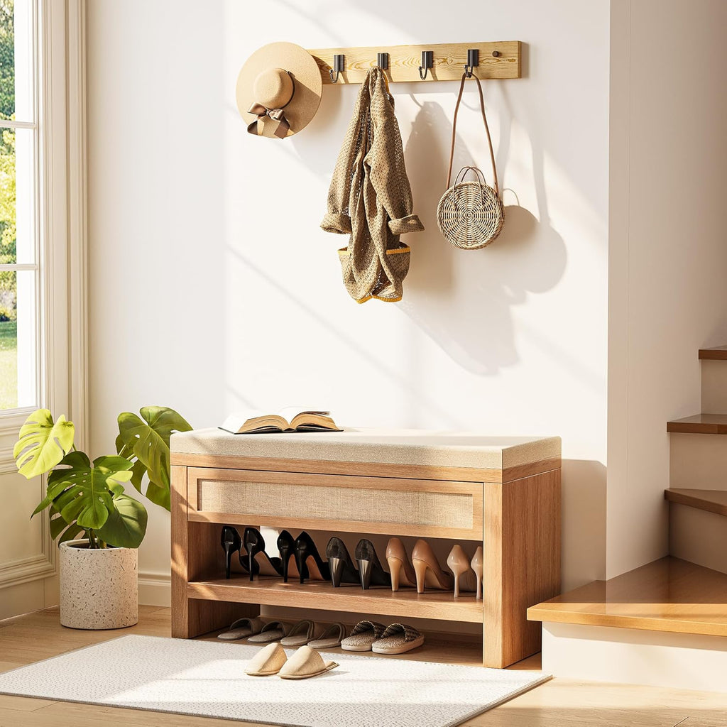 32” Shoe Bench with Storage Drawer, Farmhouse Entryway Bench with Linen Seat Cushion, Wooden Shoe Rack with Shelf for Entryway Hallway Living Room Bedroom, Oak