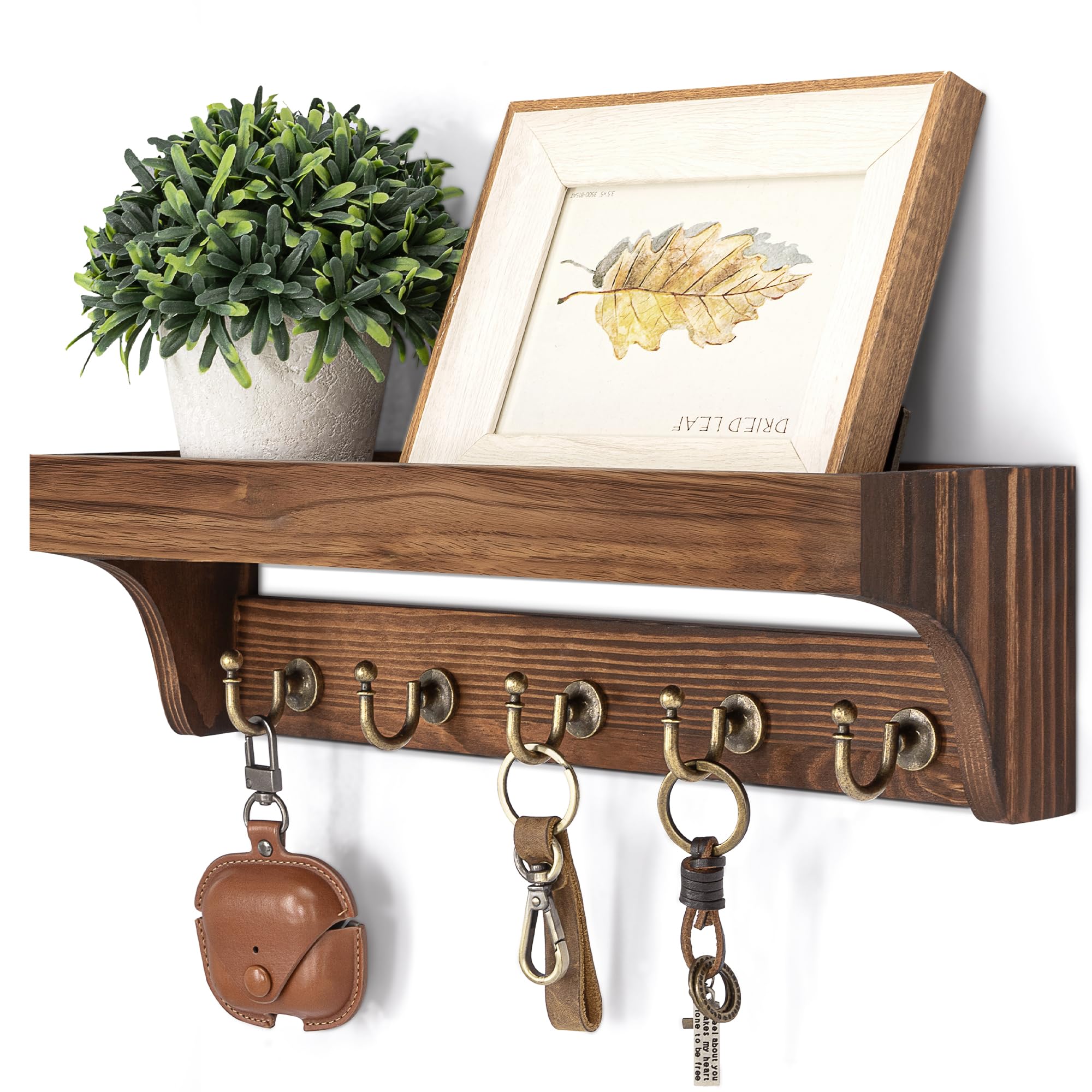 Rebee Vision Farmhouse Key Holder for Wall - Decorative Wooden Mail Organizer with 5 Rustic Key Hooks and Floating Shelf for Home Decor, Hallway, Entryway, Appartment (Retro Brown)