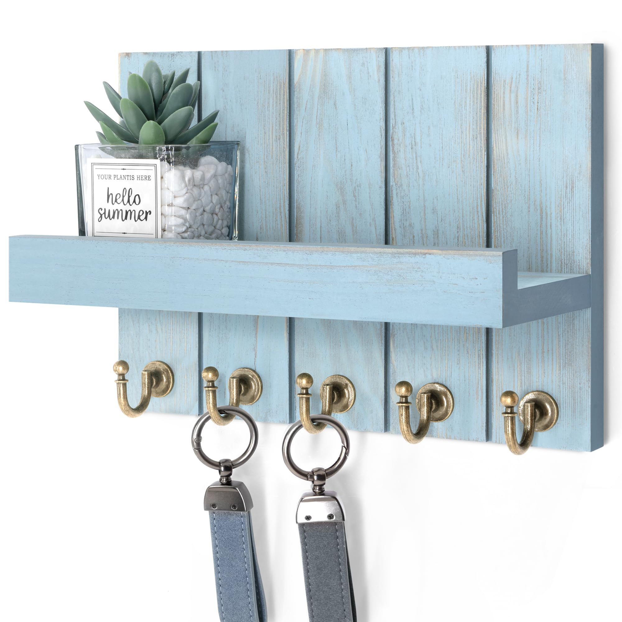 Rebee Vision Decorative Key Holder Wall Mount - Rustic Key Holder for Wall with Shelf and Mail Organizer for Living Room Decor - Home Essentials for Home Improvement (Brown, 3.54" x 10" x 7.28")