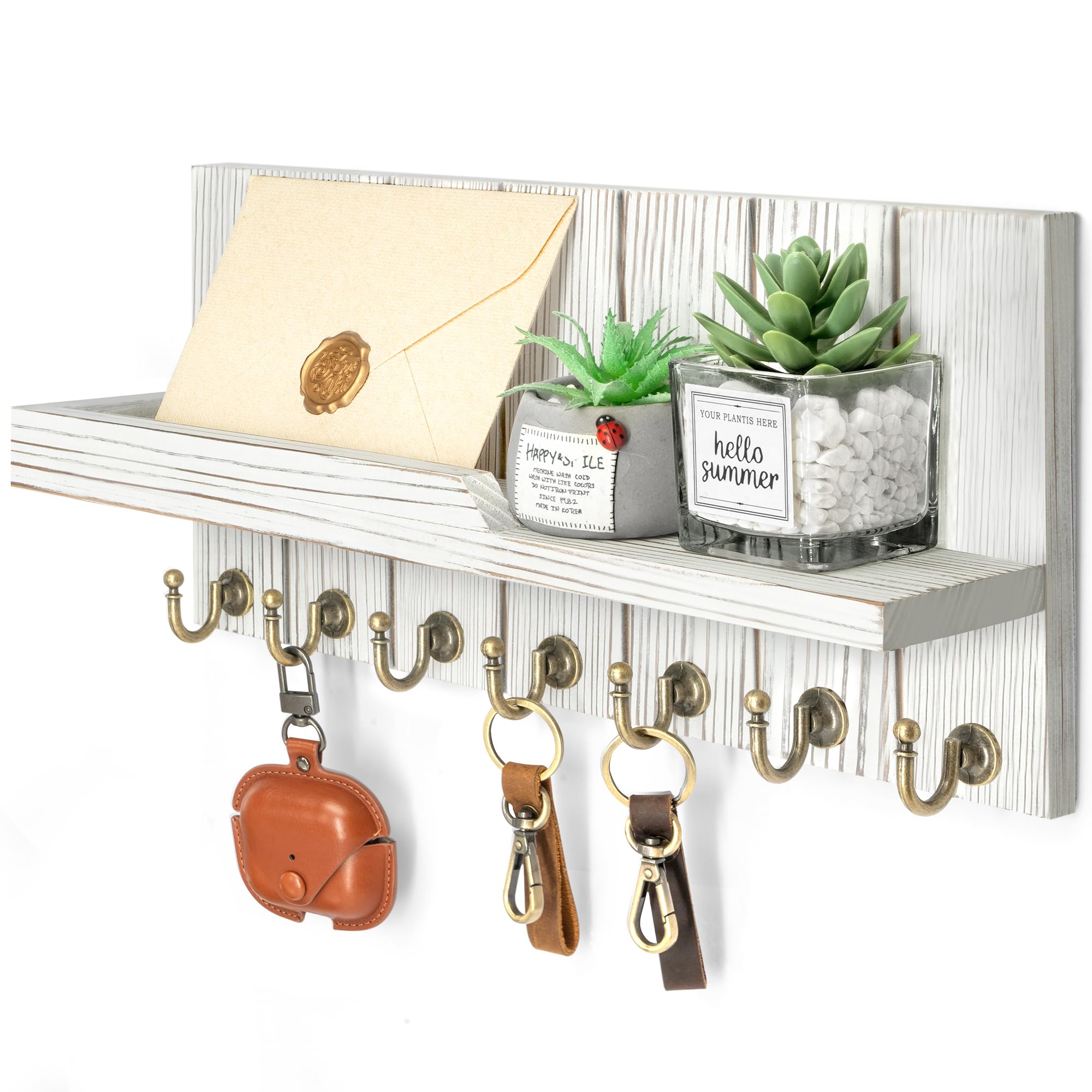 Rebee Vision Decorative Key Holder Wall Mount - Rustic Key Holder for Wall with Shelf and Mail Organizer for Living Room Decor - Home Essentials for Home Improvement (Brown, 3.54" x 10" x 7.28")