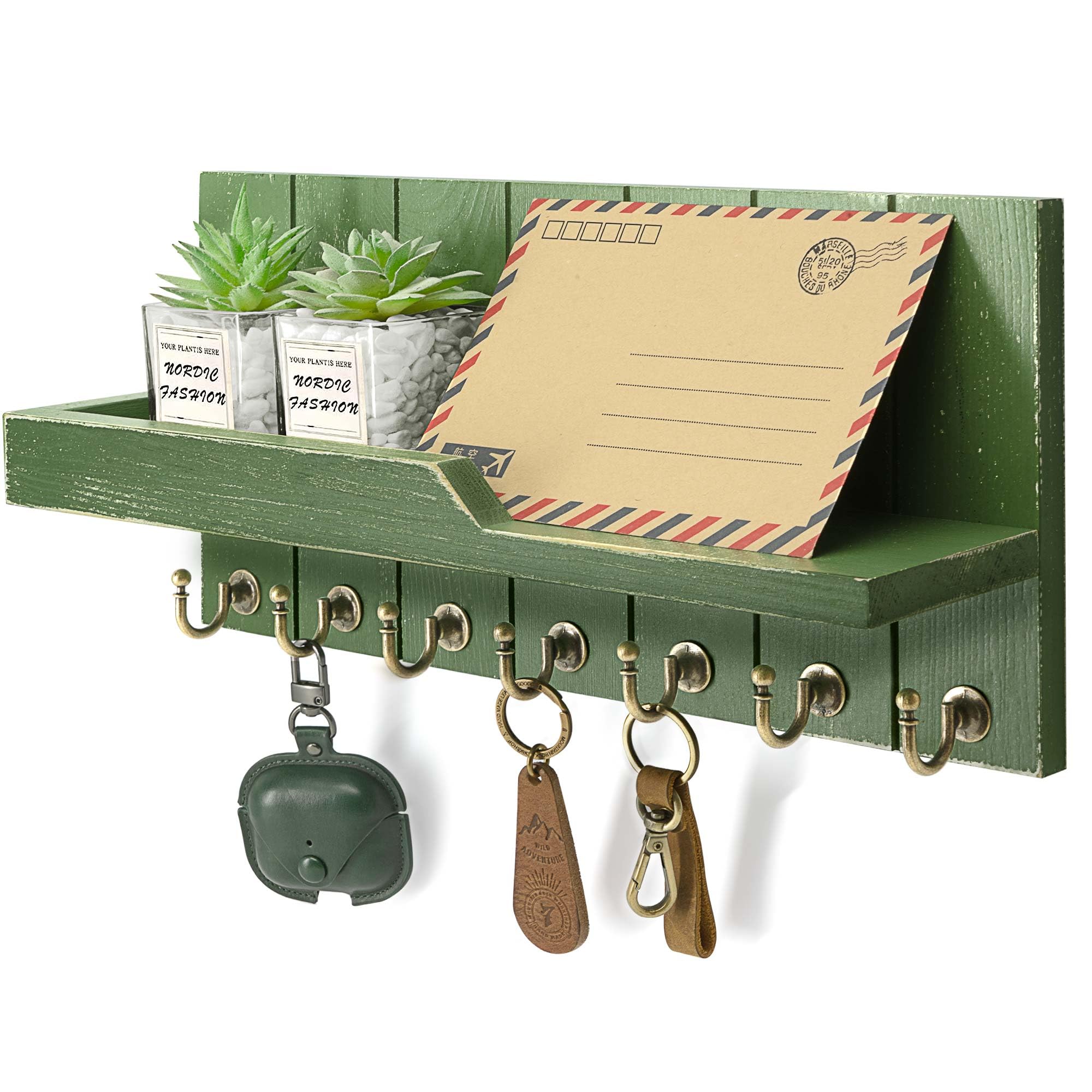 Rebee Vision Decorative Key Holder Wall Mount - Rustic Key Holder for Wall with Shelf and Mail Organizer for Living Room Decor - Home Essentials for Home Improvement (Brown, 3.54" x 10" x 7.28")