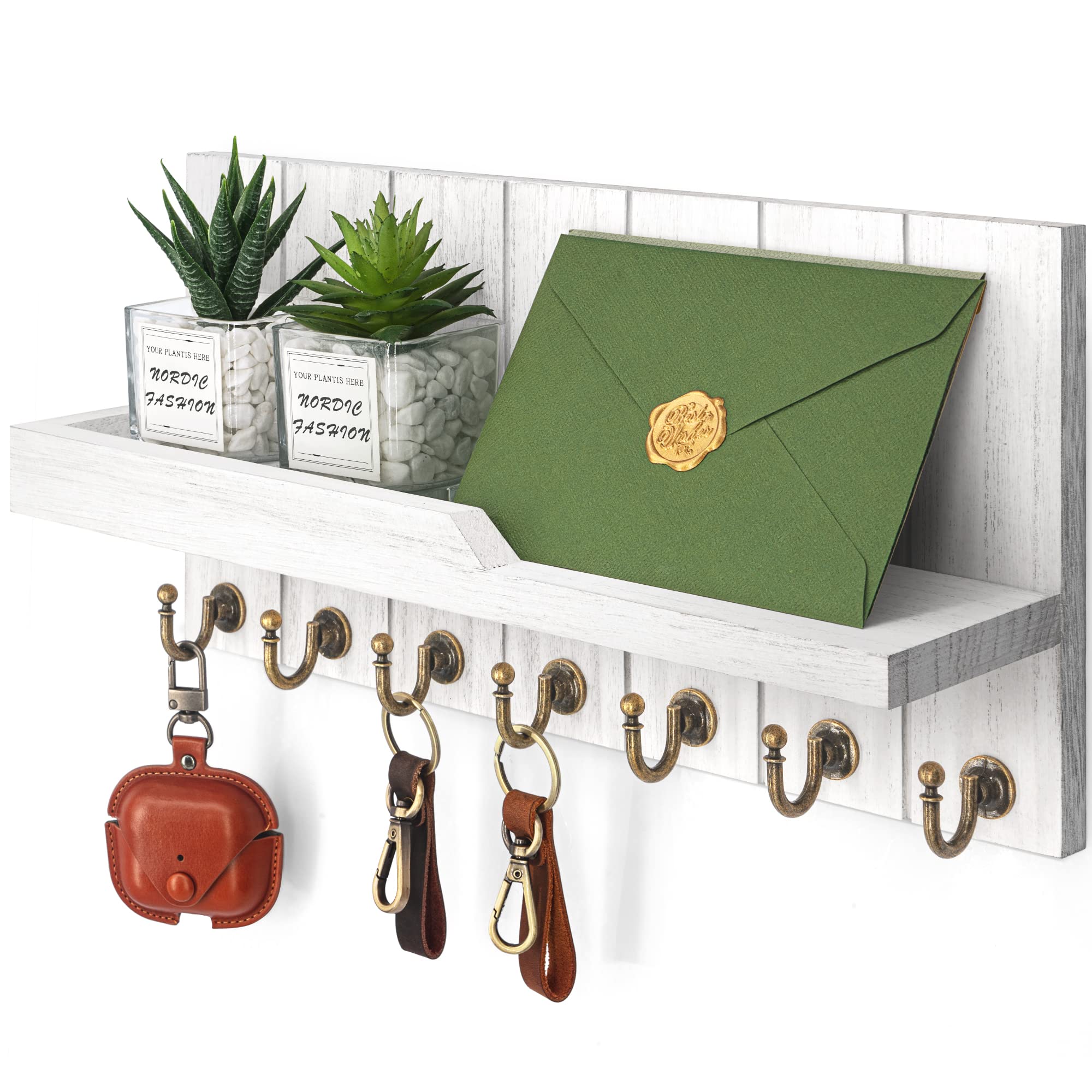 Rebee Vision Decorative Key Holder Wall Mount - Rustic Key Holder for Wall with Shelf and Mail Organizer for Living Room Decor - Home Essentials for Home Improvement (Brown, 3.54" x 10" x 7.28")