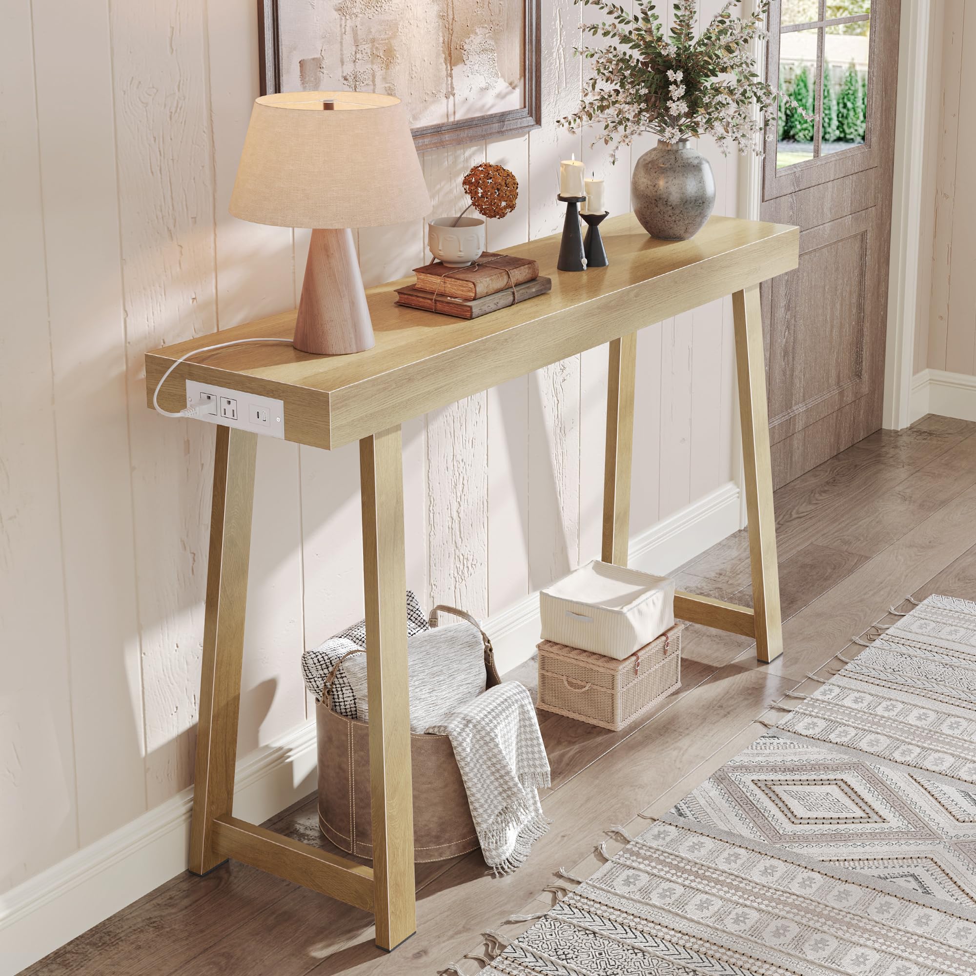 Huuger Entryway Console Table with Charging Station, USB-C Port, 39.4 Inch Sofa Table with Metal Legs, Entry Hallway Table with Thicker Desktop, Modern Behind Couch Table, Rustic Brown