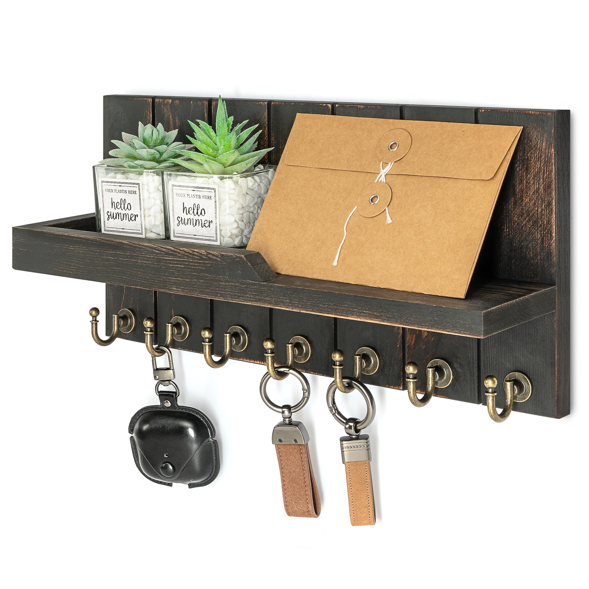 Rebee Vision Decorative Key Holder Wall Mount - Rustic Key Holder for Wall with Shelf and Mail Organizer for Living Room Decor - Home Essentials for Home Improvement (Brown, 3.54" x 10" x 7.28")