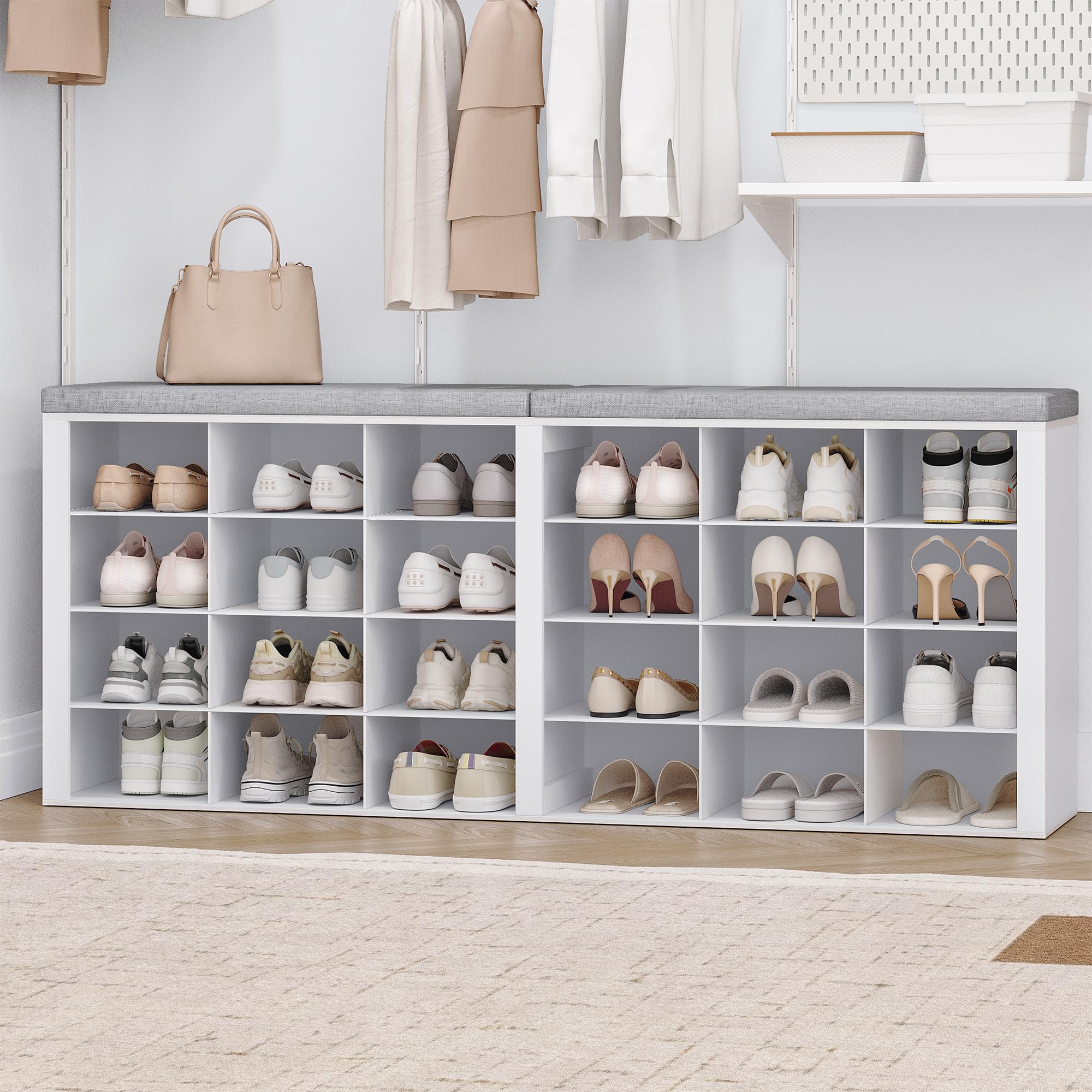 Hzuaneri Shoe Storage Bench with Cushion, Entryway Storage Bench with 18 Cubbies, 9.5" Widened Organizer Cabinet, Long Cubby Rack for Living Room, Bedroom, Entryway, White SB25703GY