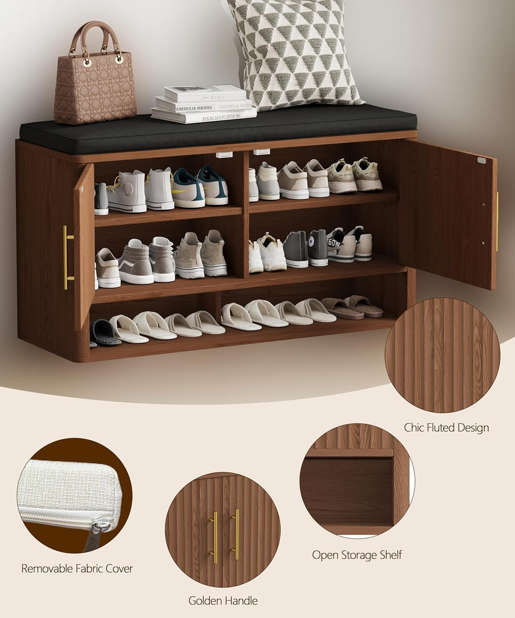 Fluted Shoe Storage Bench with Cushion, Entryway Bench with Adjustable Shelves and Open Bottom Shelf, 3-Tier Hidden Shoe Cabinet Storage for Entryway, Hallway, Living Room, Bedroom, Walnut