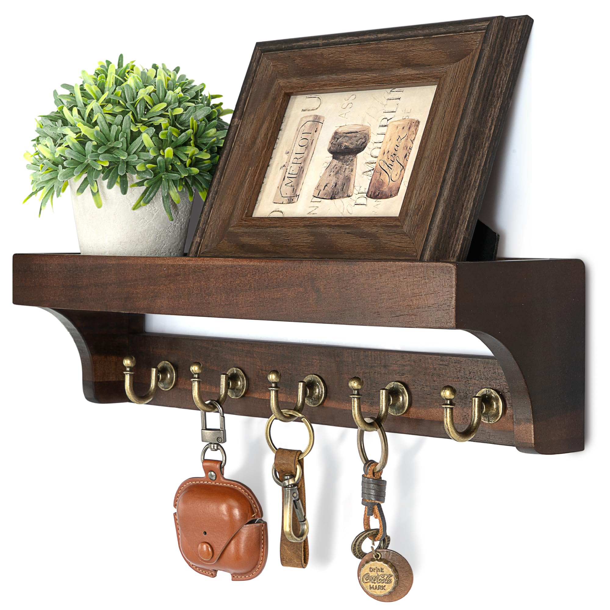 Rebee Vision Farmhouse Key Holder for Wall - Decorative Wooden Mail Organizer with 5 Rustic Key Hooks and Floating Shelf for Home Decor, Hallway, Entryway, Appartment (Retro Brown)
