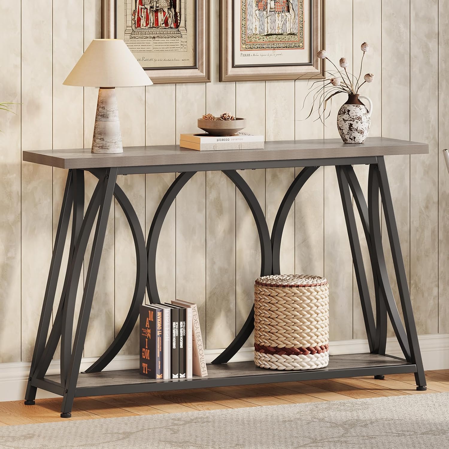 GiftGo 47.24 Inch Entryway Console Table, Industrial Sofa Table Behind Couch with Shelves, 2 Tier Wood Accent Table with Metal Frame for Living Room, Entrance, Hallway, Foyer, Vintage Gray