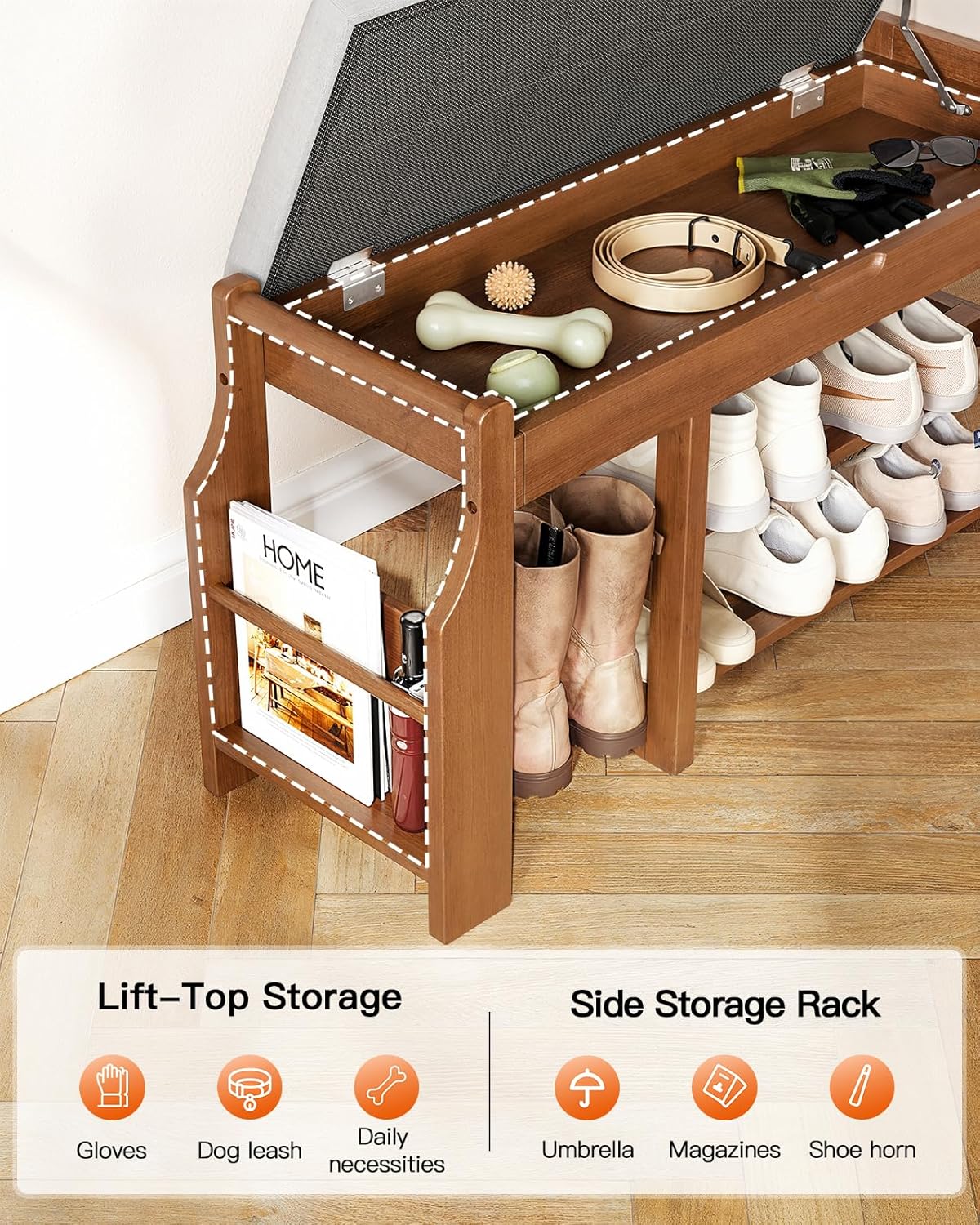 Pipishell 34″ Solid Pine Wood Shoe Rack Bench with Soft Cushion, 2 Tiers Shoe Storage Organizer with Lift-Top Storage and Side Holder, Holds up to 440 lbs, Shoe Bench for Entryway, Hallway, Bedroom