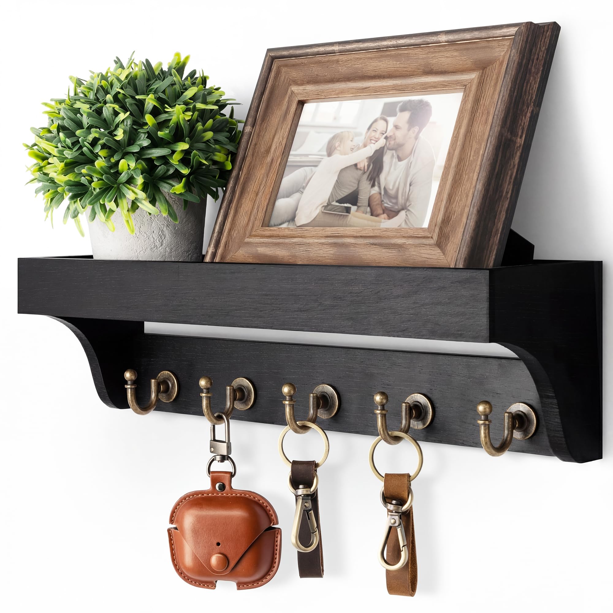 Rebee Vision Farmhouse Key Holder for Wall - Decorative Wooden Mail Organizer with 5 Rustic Key Hooks and Floating Shelf for Home Decor, Hallway, Entryway, Appartment (Retro Brown)