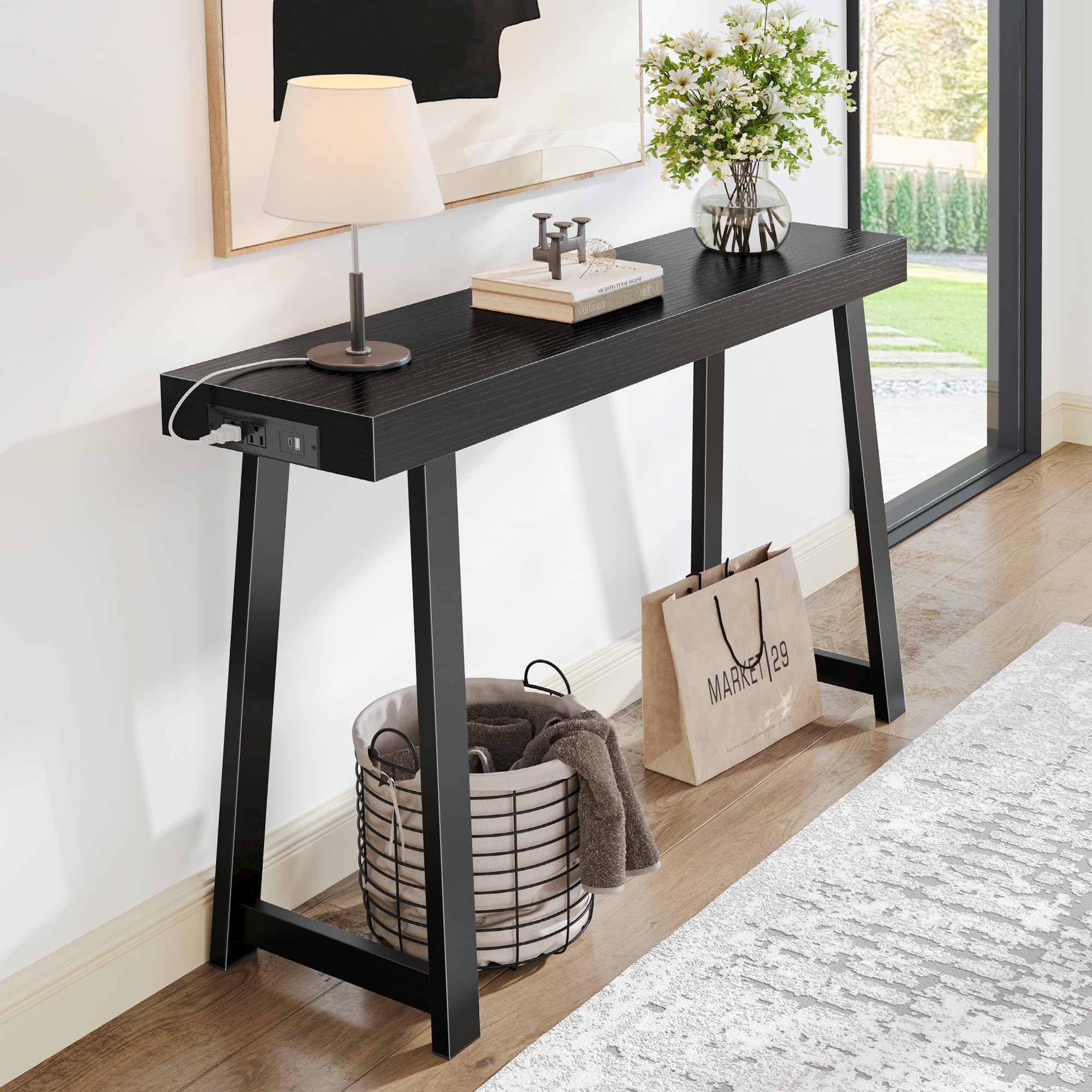 Huuger Entryway Console Table with Charging Station, USB-C Port, 39.4 Inch Sofa Table with Metal Legs, Entry Hallway Table with Thicker Desktop, Modern Behind Couch Table, Rustic Brown