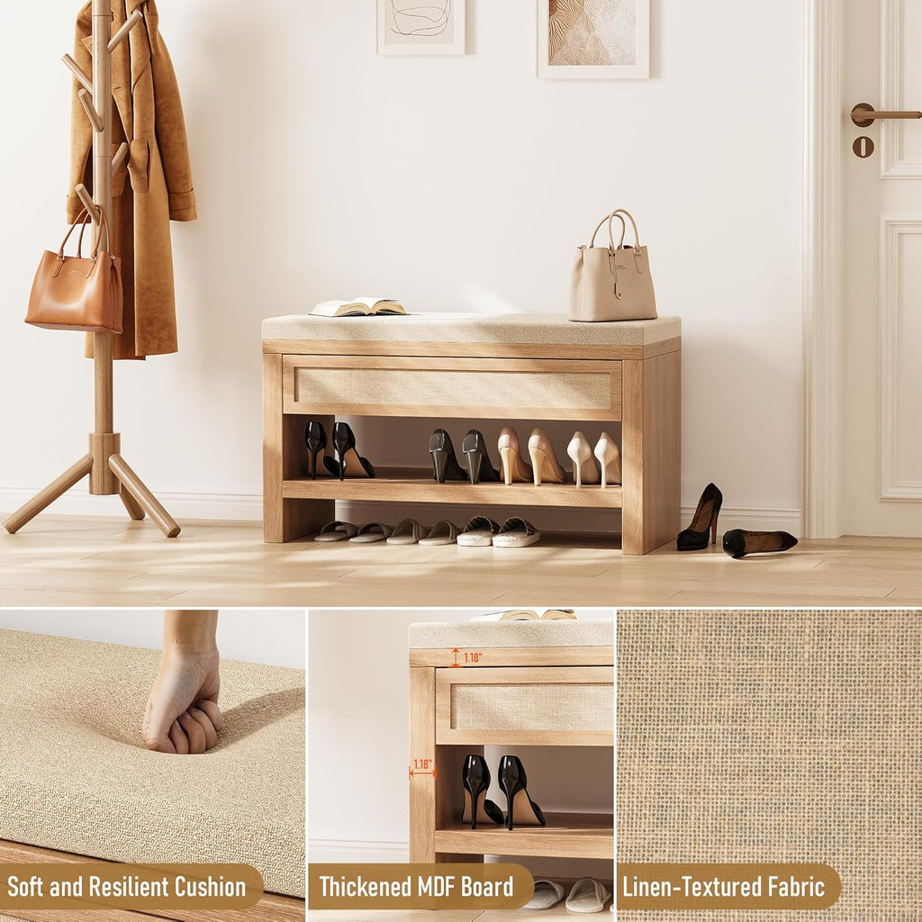 32” Shoe Bench with Storage Drawer, Farmhouse Entryway Bench with Linen Seat Cushion, Wooden Shoe Rack with Shelf for Entryway Hallway Living Room Bedroom, Oak