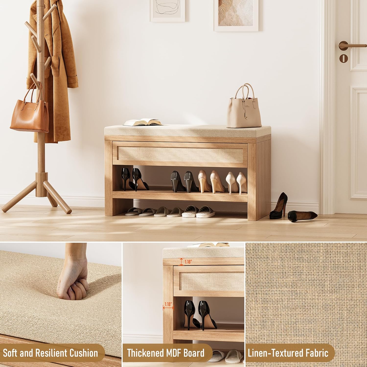 32” Shoe Bench with Storage Drawer, Farmhouse Entryway Bench with Linen Seat Cushion, Wooden Shoe Rack with Shelf for Entryway Hallway Living Room Bedroom, Oak