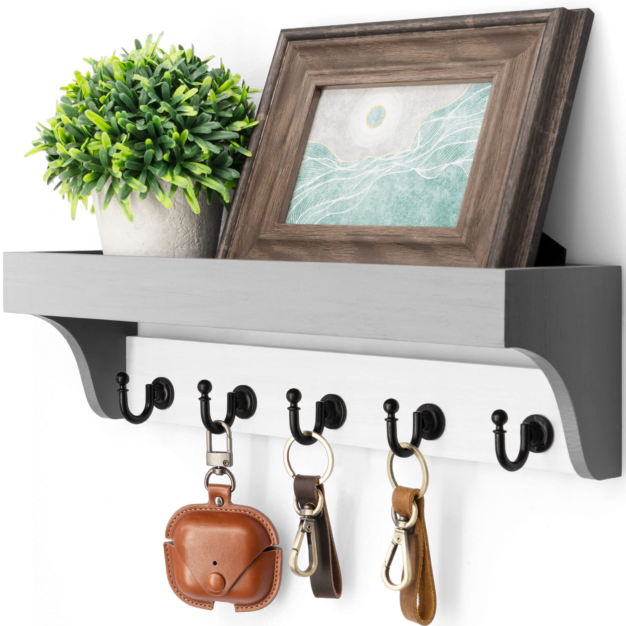 Rebee Vision Farmhouse Key Holder for Wall - Decorative Wooden Mail Organizer with 5 Rustic Key Hooks and Floating Shelf for Home Decor, Hallway, Entryway, Appartment (Retro Brown)