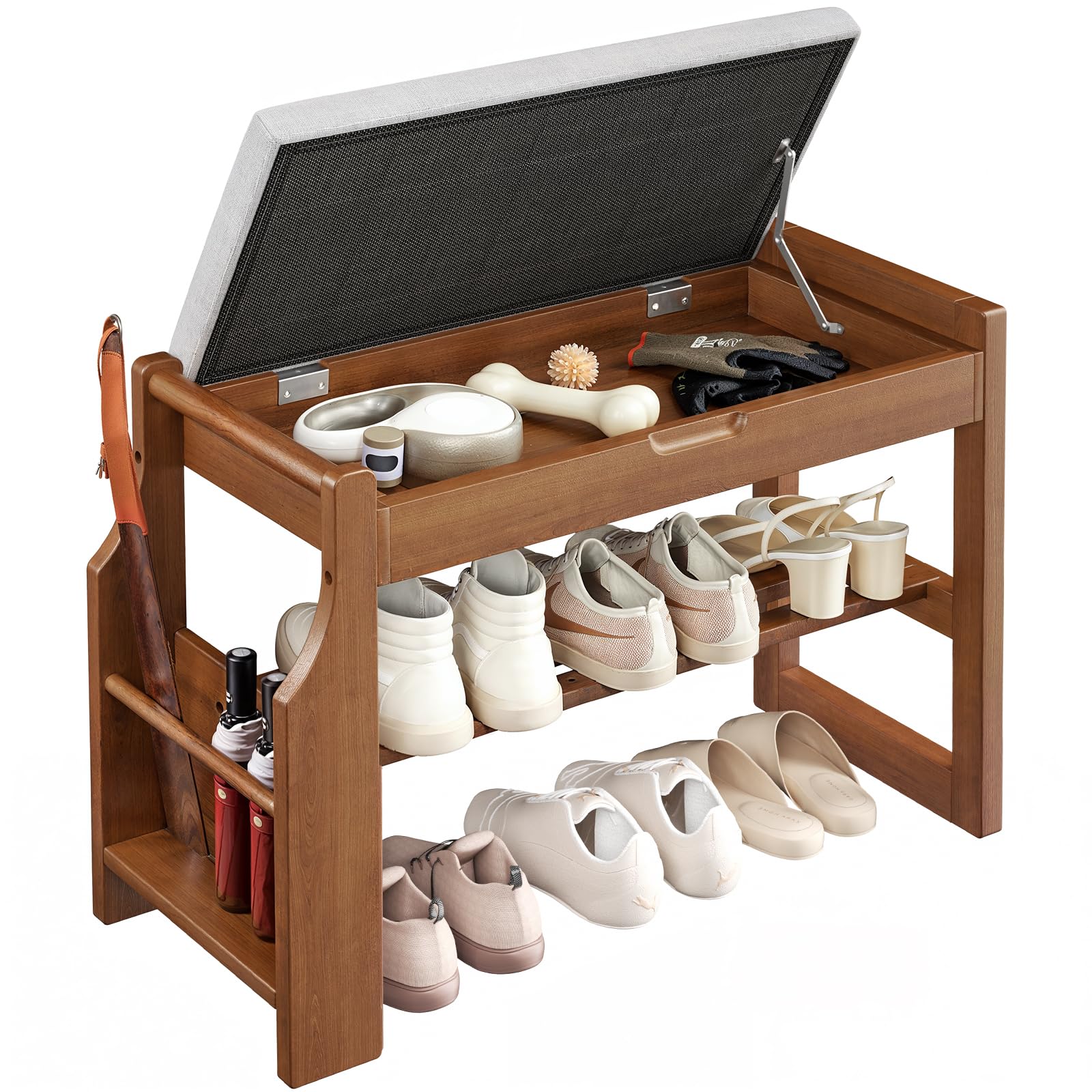 Pipishell 34″ Solid Pine Wood Shoe Rack Bench with Soft Cushion, 2 Tiers Shoe Storage Organizer with Lift-Top Storage and Side Holder, Holds up to 440 lbs, Shoe Bench for Entryway, Hallway, Bedroom