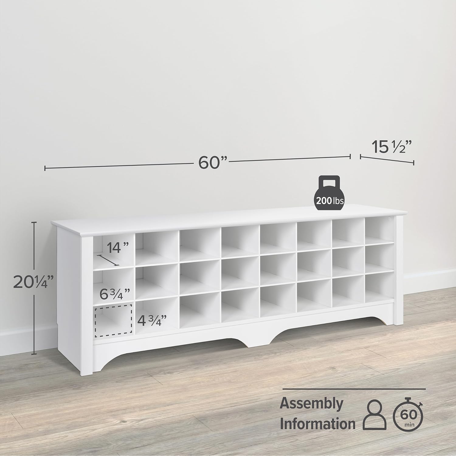 Prepac White Hall Bench with Storage and Seating: 24-Shoe Cubby Bench, Ideal White Shoe Rack for Entryway, Sized 15.5" D x 60" W x 20.25" H