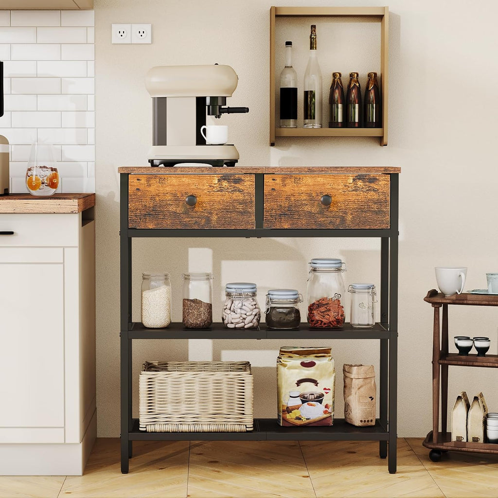 HOOBRO 29.5" Narrow Console Table with 2 Fabric Drawers, Sofa Table, Small Entryway Table with 3-Tier Storage Shelves, Behind Couch Table, for Living Room, Hallway, Rustic Brown and Black BF72XG01