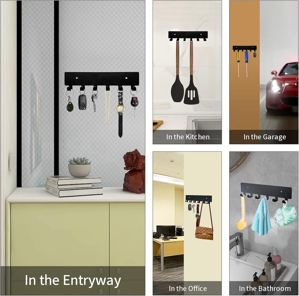 GTK Key Holder for Wall, Key Hooks with 6 Hooks, Wall Mounted Key Holder for Hallway, Self Adhesive Key Rack(Black)