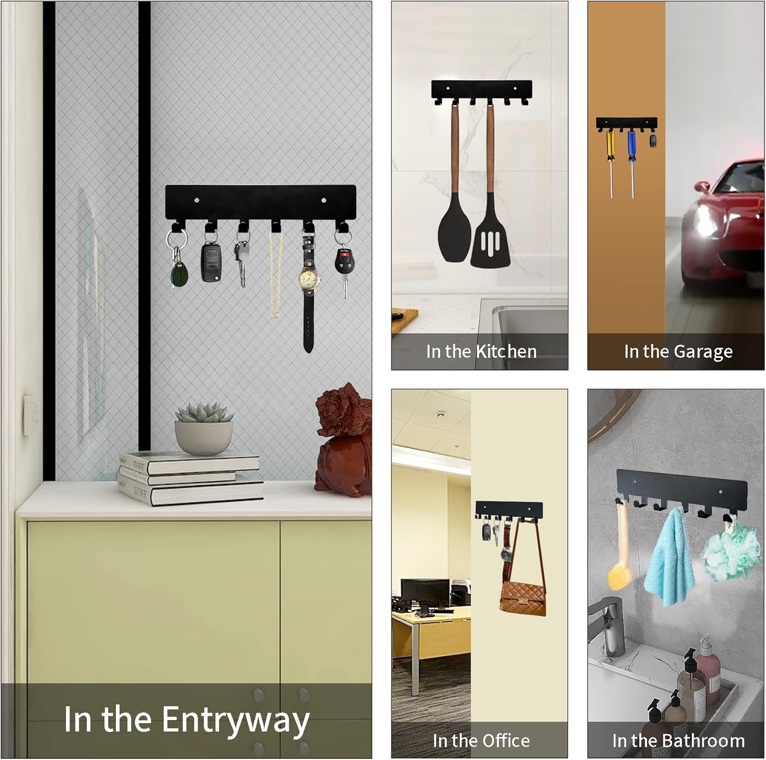 GTK Key Holder for Wall, Key Hooks with 6 Hooks, Wall Mounted Key Holder for Hallway, Self Adhesive Key Rack(Black)