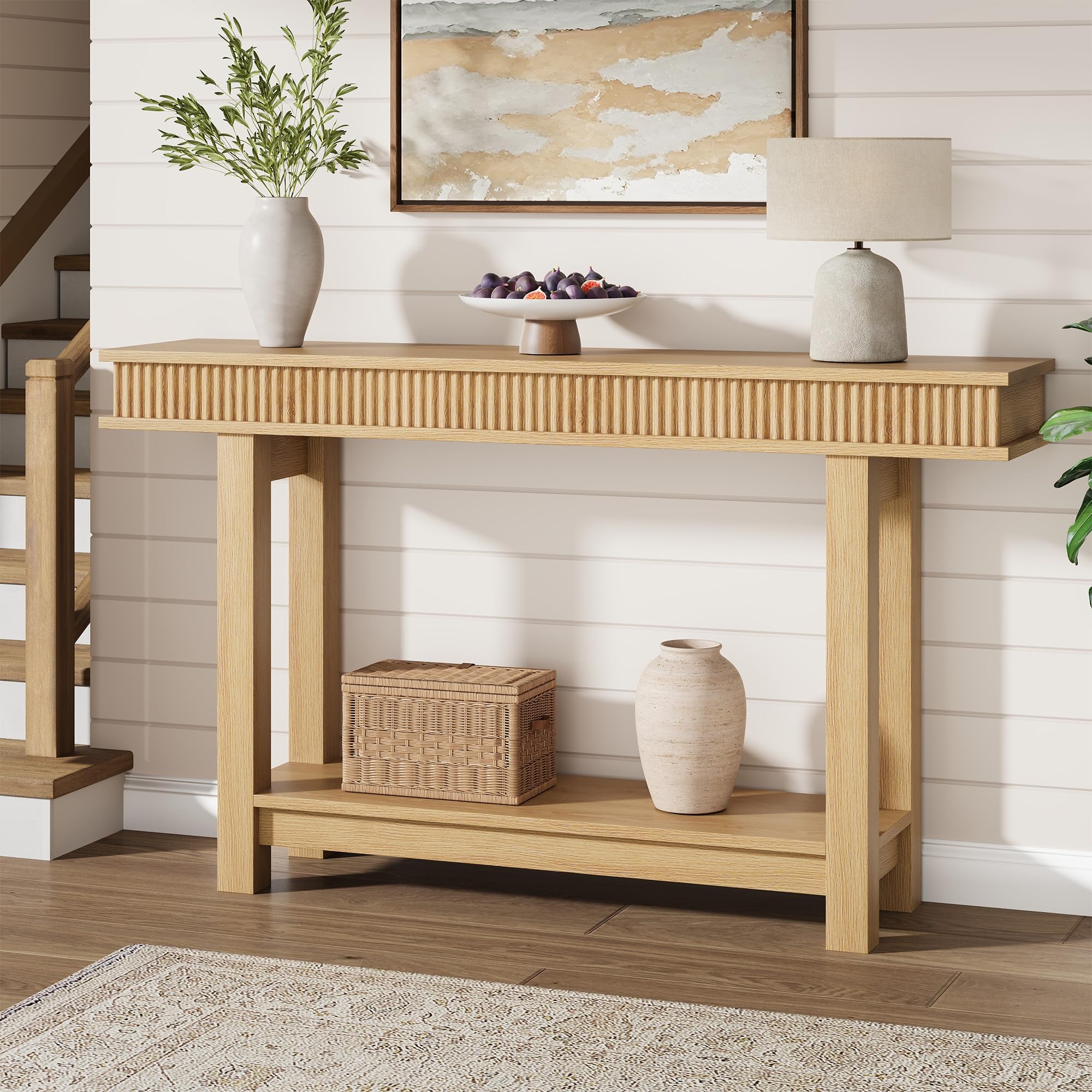 Garvee Farmhouse Fluted Console Table, 2 Tier Wooden Entryway Table with Shelf Storage, Rectangular Narrow Sofa Table Behind Couch, Entry Table Foyer Hallway Table for Entrance, Hallway, Living Room