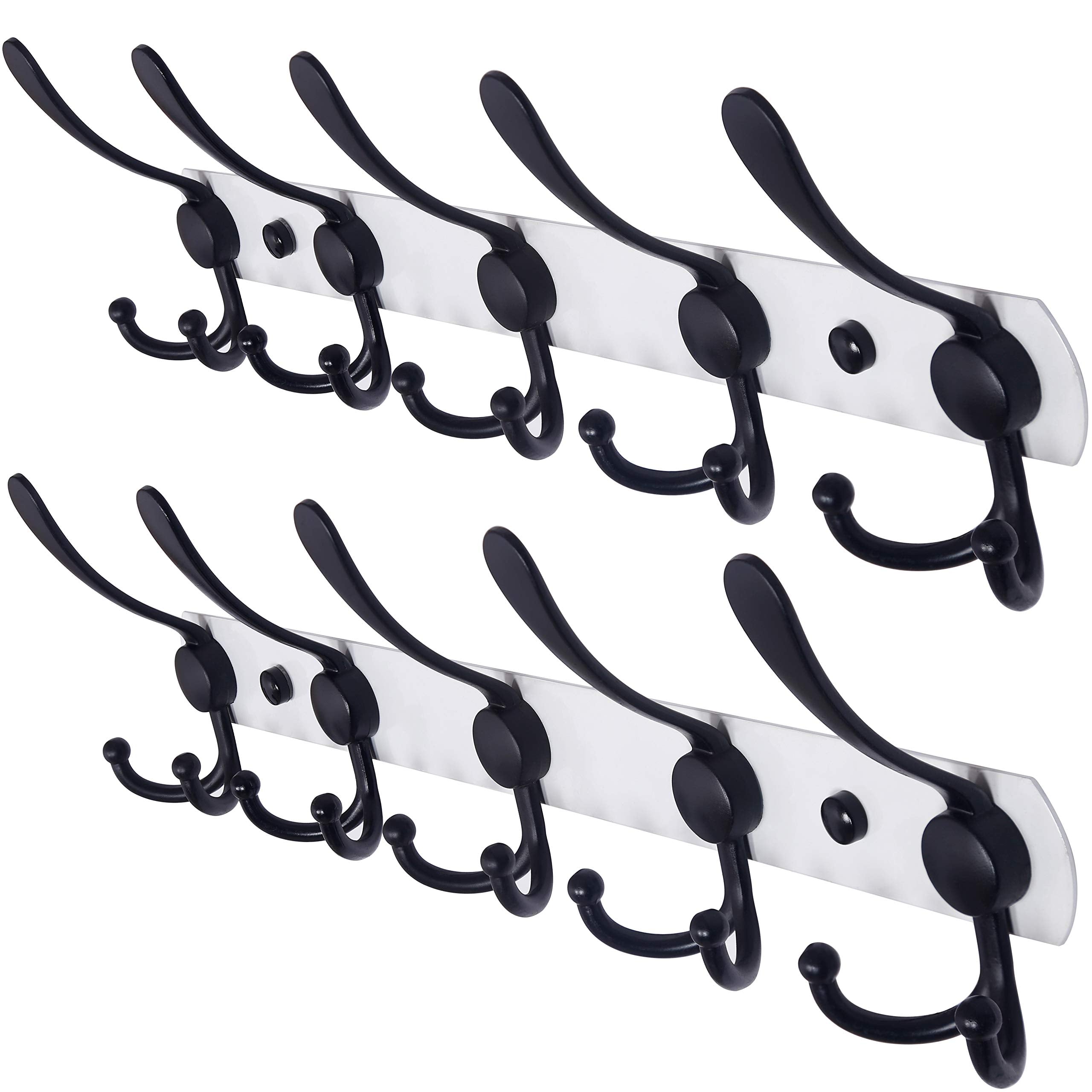 Dseap Coat Rack Wall Mounted - 5 Tri Hooks, Heavy Duty, Stainless Steel, Metal Coat Hook Rail for Coat Hat Towel Purse Robes Mudroom Bathroom Entryway (Black, 2 Packs)