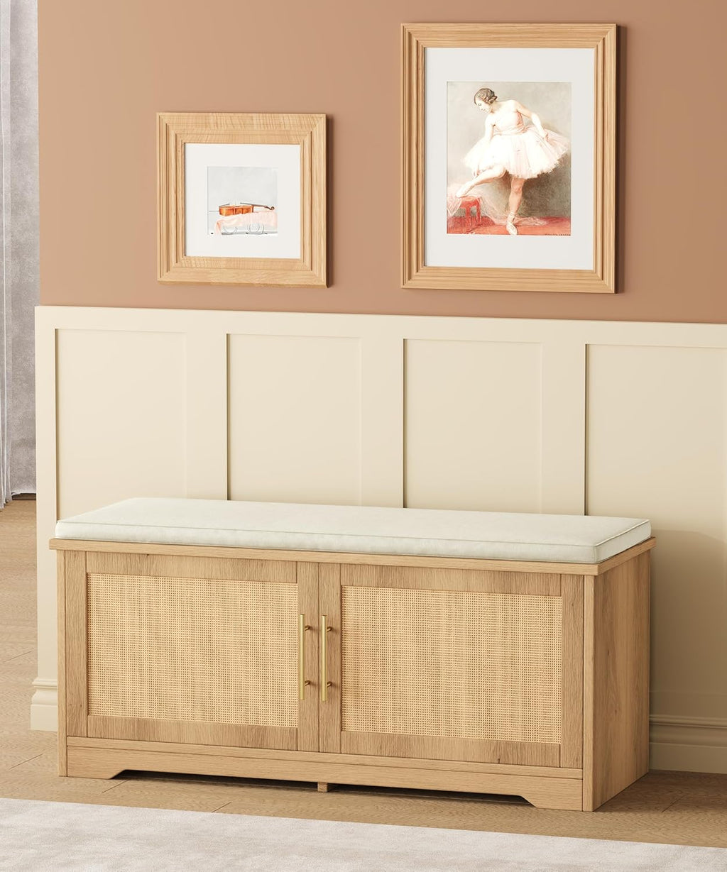 Rattan Shoe Storage Bench with Cushion, 39.4" Wide Entryway Bench with Adjustable Shelf, Hidden Shoe Organizer Cabinet, for Hallway, Living Room, Bedroom, Natural Oak