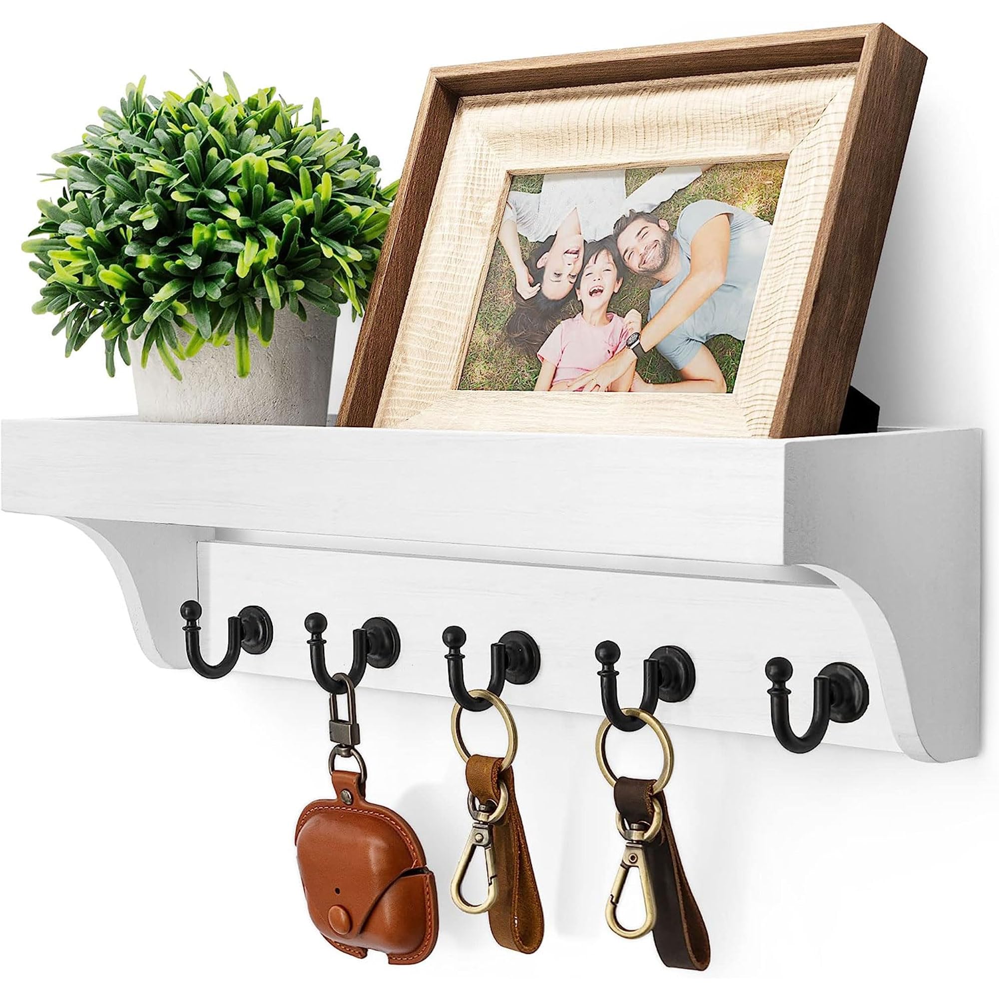 Rebee Vision Farmhouse Key Holder for Wall - Decorative Wooden Mail Organizer with 5 Rustic Key Hooks and Floating Shelf for Home Decor, Hallway, Entryway, Appartment (Retro Brown)