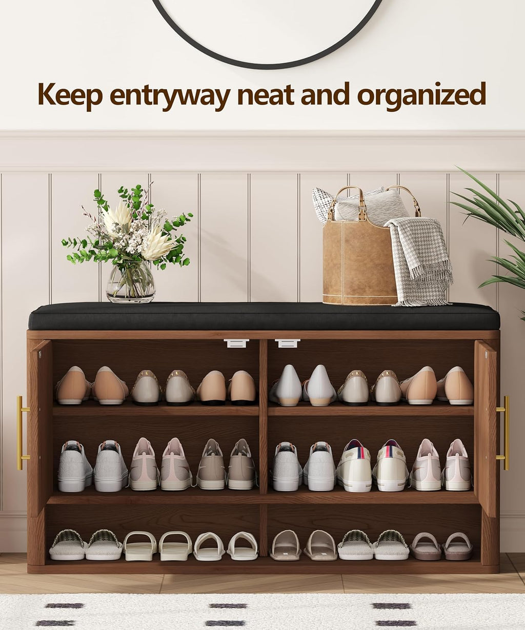 Fluted Shoe Storage Bench with Cushion, Entryway Bench with Adjustable Shelves and Open Bottom Shelf, 3-Tier Hidden Shoe Cabinet Storage for Entryway, Hallway, Living Room, Bedroom, Walnut