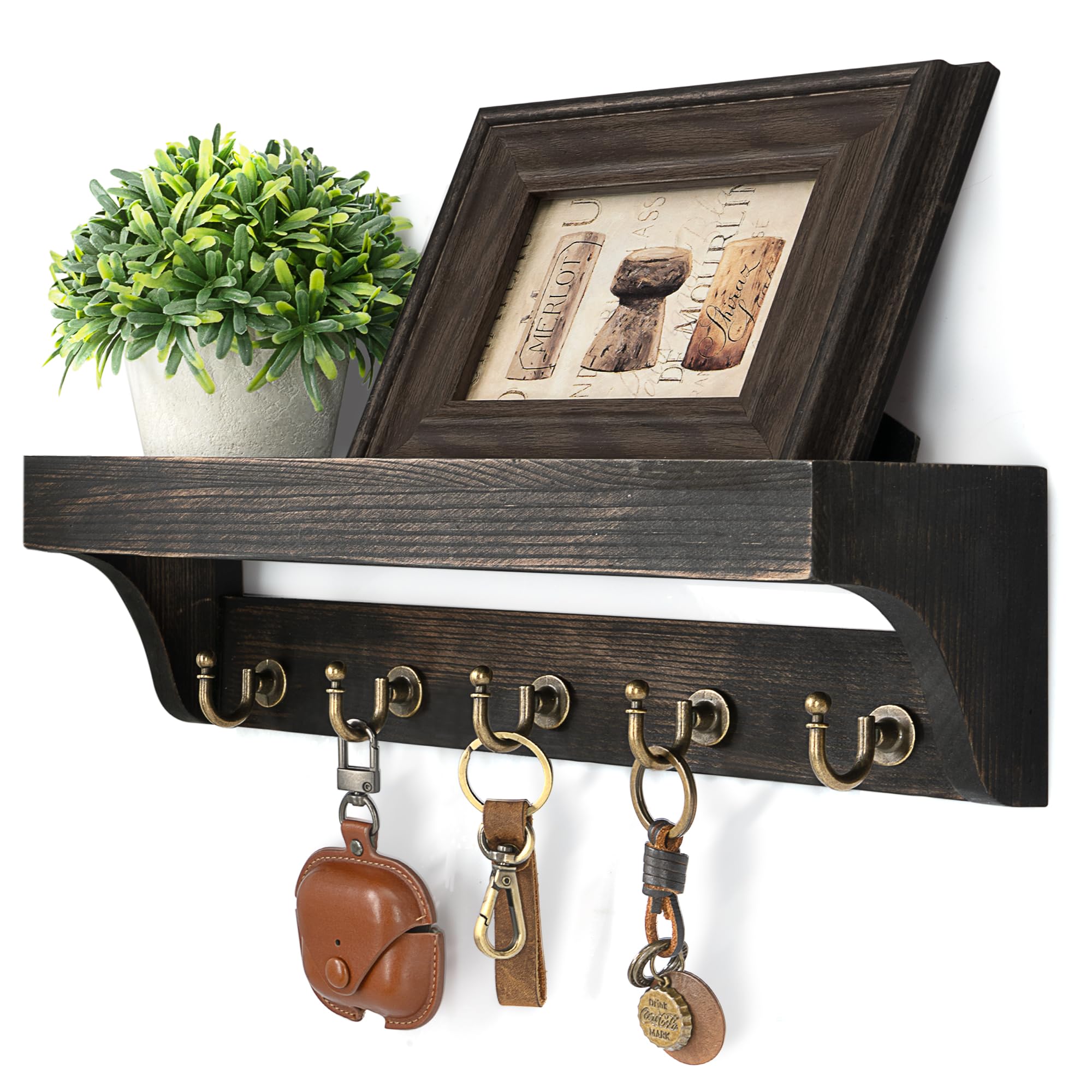 Rebee Vision Farmhouse Key Holder for Wall - Decorative Wooden Mail Organizer with 5 Rustic Key Hooks and Floating Shelf for Home Decor, Hallway, Entryway, Appartment (Retro Brown)