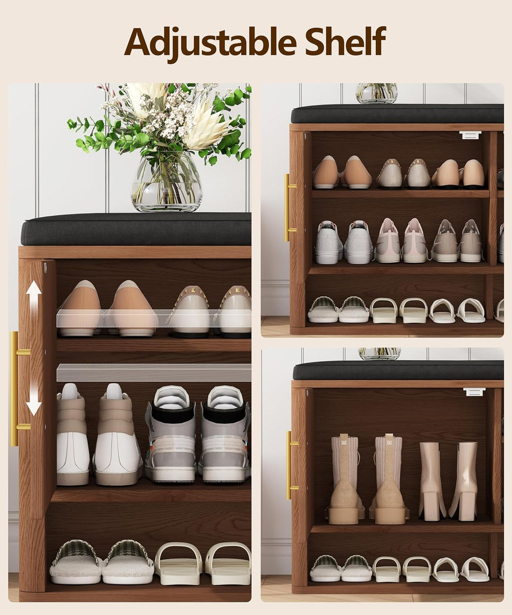Fluted Shoe Storage Bench with Cushion, Entryway Bench with Adjustable Shelves and Open Bottom Shelf, 3-Tier Hidden Shoe Cabinet Storage for Entryway, Hallway, Living Room, Bedroom, Walnut