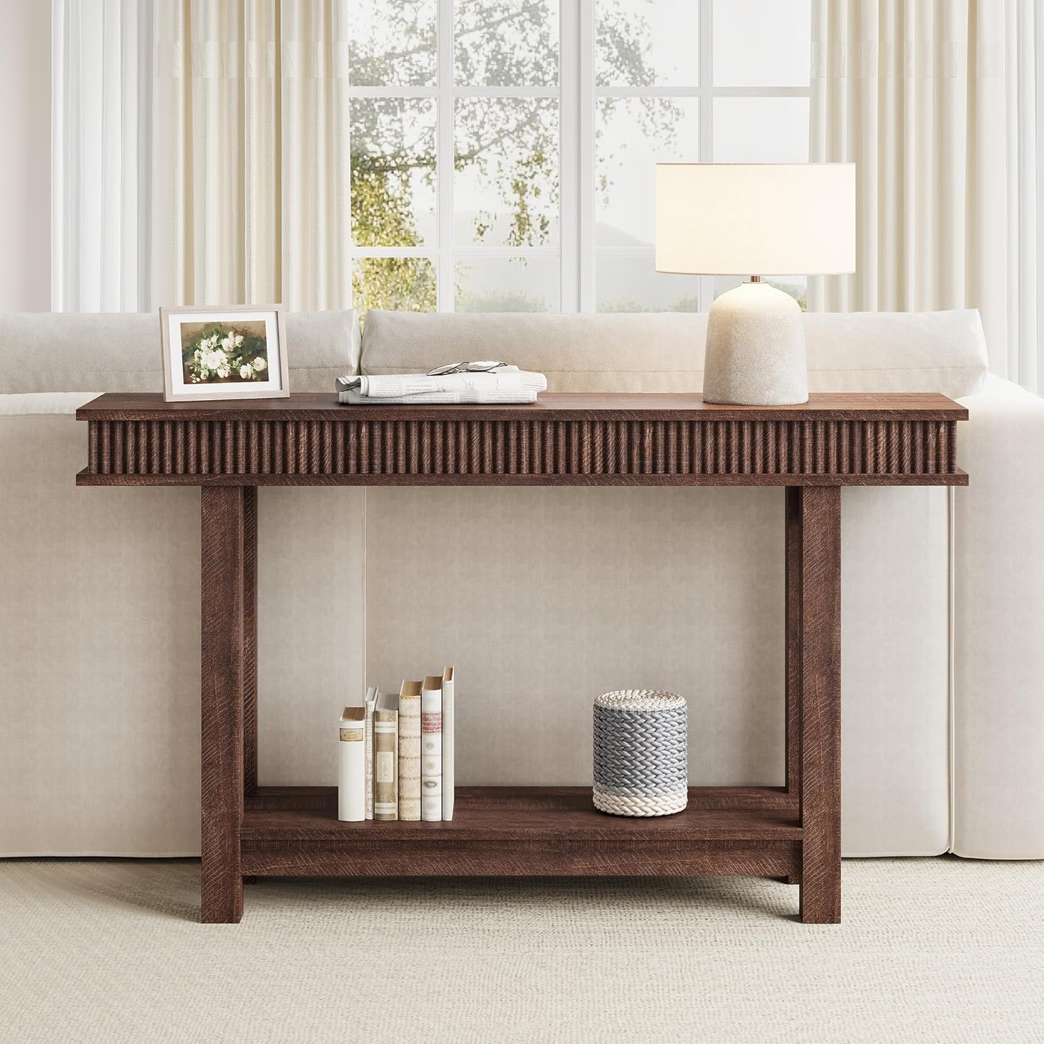 Garvee Farmhouse Fluted Console Table, 2 Tier Wooden Entryway Table with Shelf Storage, Rectangular Narrow Sofa Table Behind Couch, Entry Table Foyer Hallway Table for Entrance, Hallway, Living Room