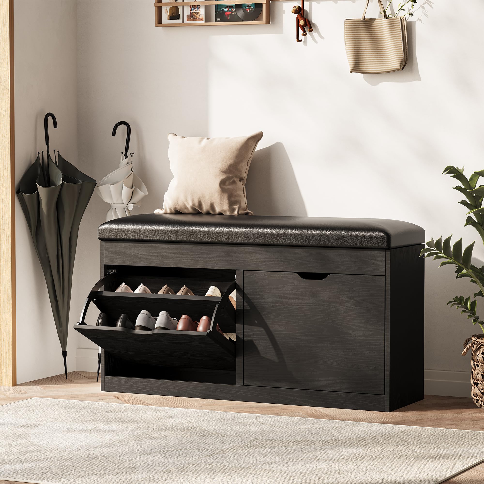 40" Shoe Storage Bench with 2 Flip Drawers & Padded Seat Cushion, Shoe Cabinet with Lift Top Storage Box, Shoe Bench Shoe Organizer for Entryway, Hallway, Living Room, Vintage Brown