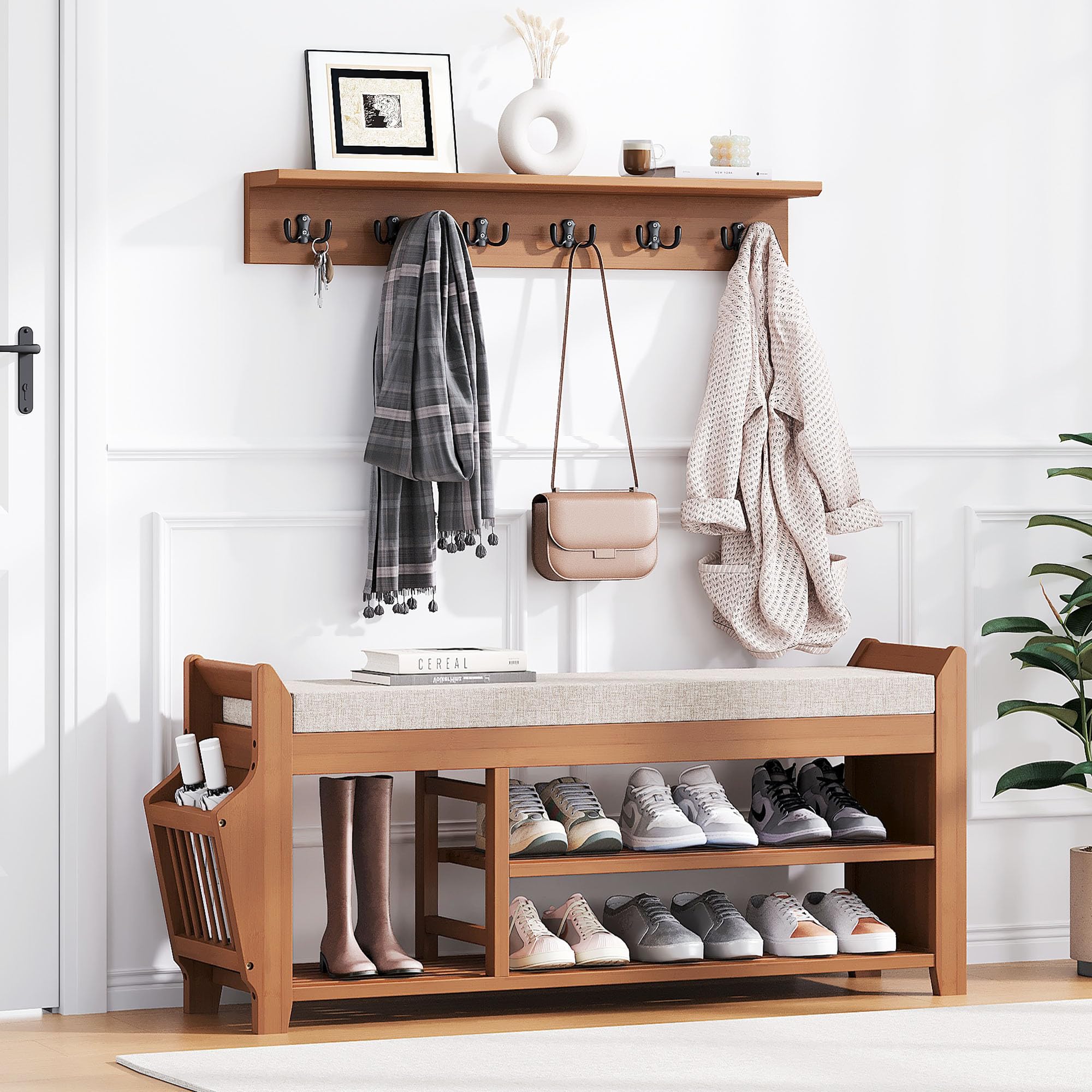 PETKABOO Shoe Bench with Hidden Drawer and Side Holder, 2 Tier Entryway Bench with Storage 39.4 in, Bamboo Shoe Rack with Cushion for Entryway Hallway Living Room Bedroom