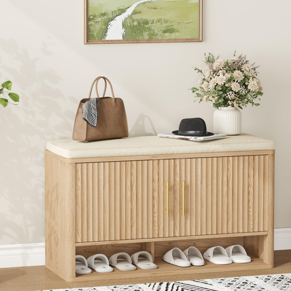 Fluted Shoe Storage Bench with Cushion, Entryway Bench with Adjustable Shelves and Open Bottom Shelf, 3-Tier Hidden Shoe Cabinet Storage for Entryway, Hallway, Living Room, Bedroom, Walnut