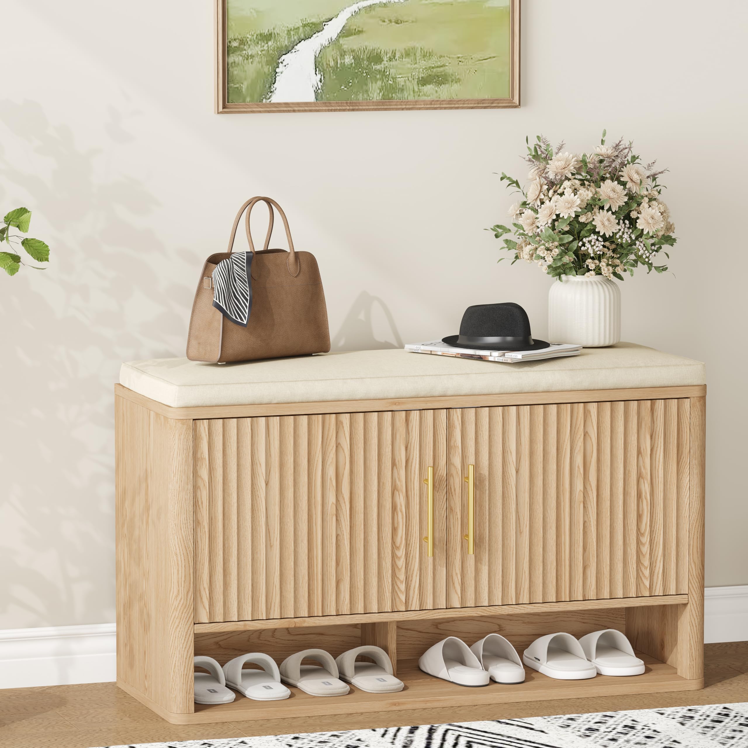 Fluted Shoe Storage Bench with Cushion, Entryway Bench with Adjustable Shelves and Open Bottom Shelf, 3-Tier Hidden Shoe Cabinet Storage for Entryway, Hallway, Living Room, Bedroom, Walnut