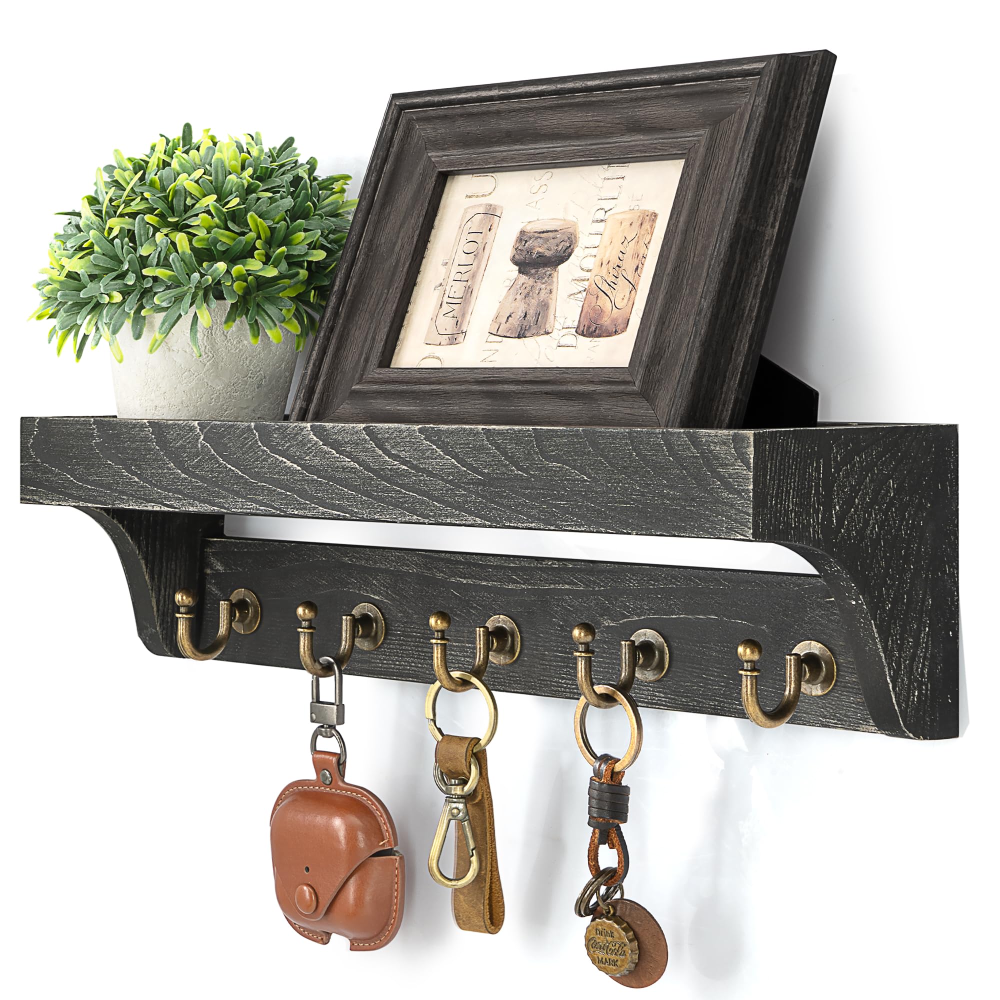 Rebee Vision Farmhouse Key Holder for Wall - Decorative Wooden Mail Organizer with 5 Rustic Key Hooks and Floating Shelf for Home Decor, Hallway, Entryway, Appartment (Retro Brown)