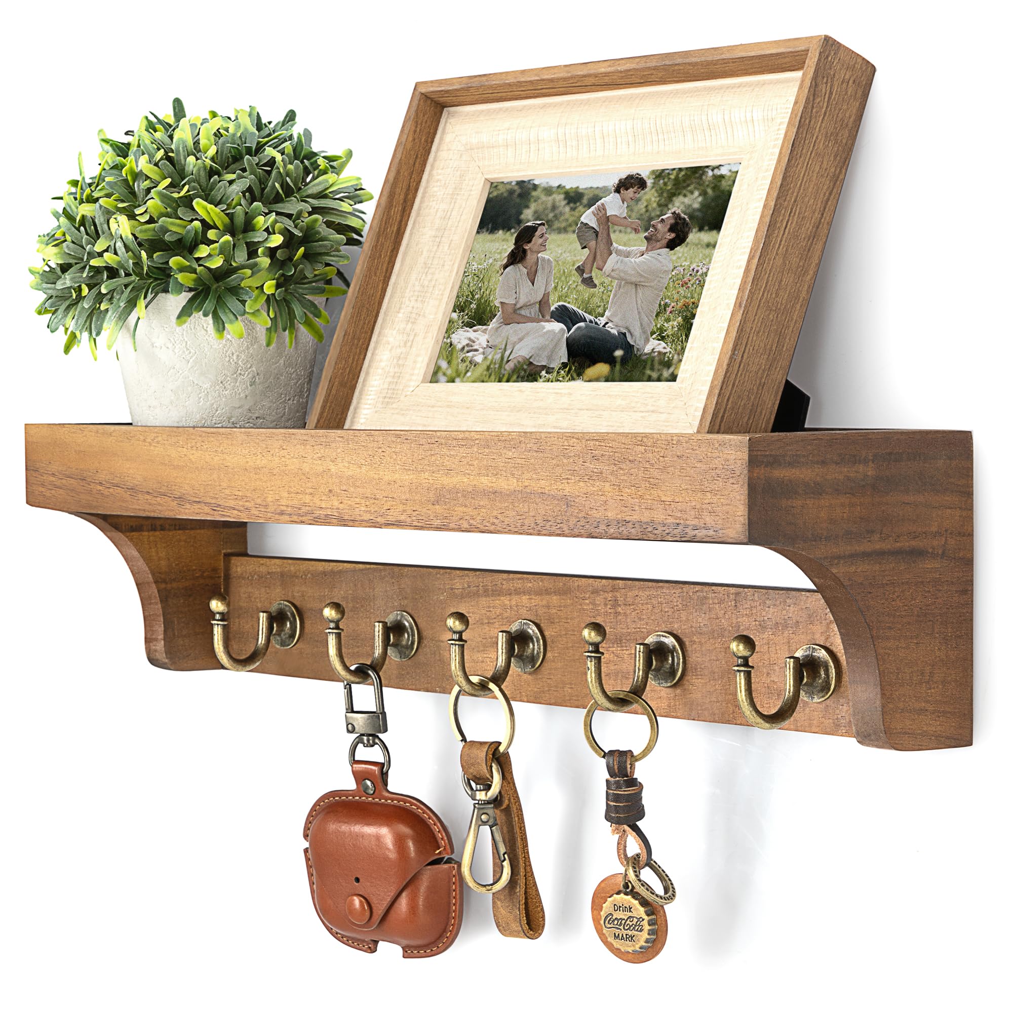 Rebee Vision Farmhouse Key Holder for Wall - Decorative Wooden Mail Organizer with 5 Rustic Key Hooks and Floating Shelf for Home Decor, Hallway, Entryway, Appartment (Retro Brown)