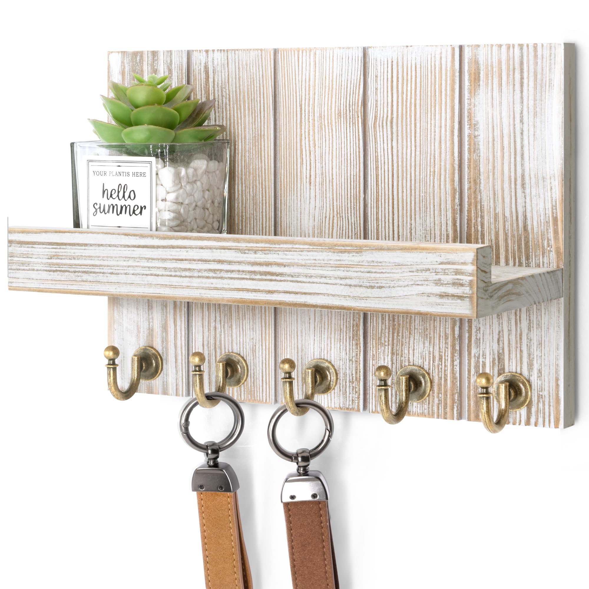 Rebee Vision Decorative Key Holder Wall Mount - Rustic Key Holder for Wall with Shelf and Mail Organizer for Living Room Decor - Home Essentials for Home Improvement (Brown, 3.54" x 10" x 7.28")