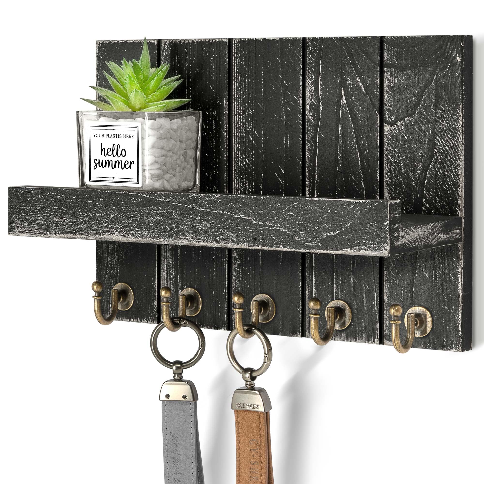 Rebee Vision Decorative Key Holder Wall Mount - Rustic Key Holder for Wall with Shelf and Mail Organizer for Living Room Decor - Home Essentials for Home Improvement (Brown, 3.54" x 10" x 7.28")