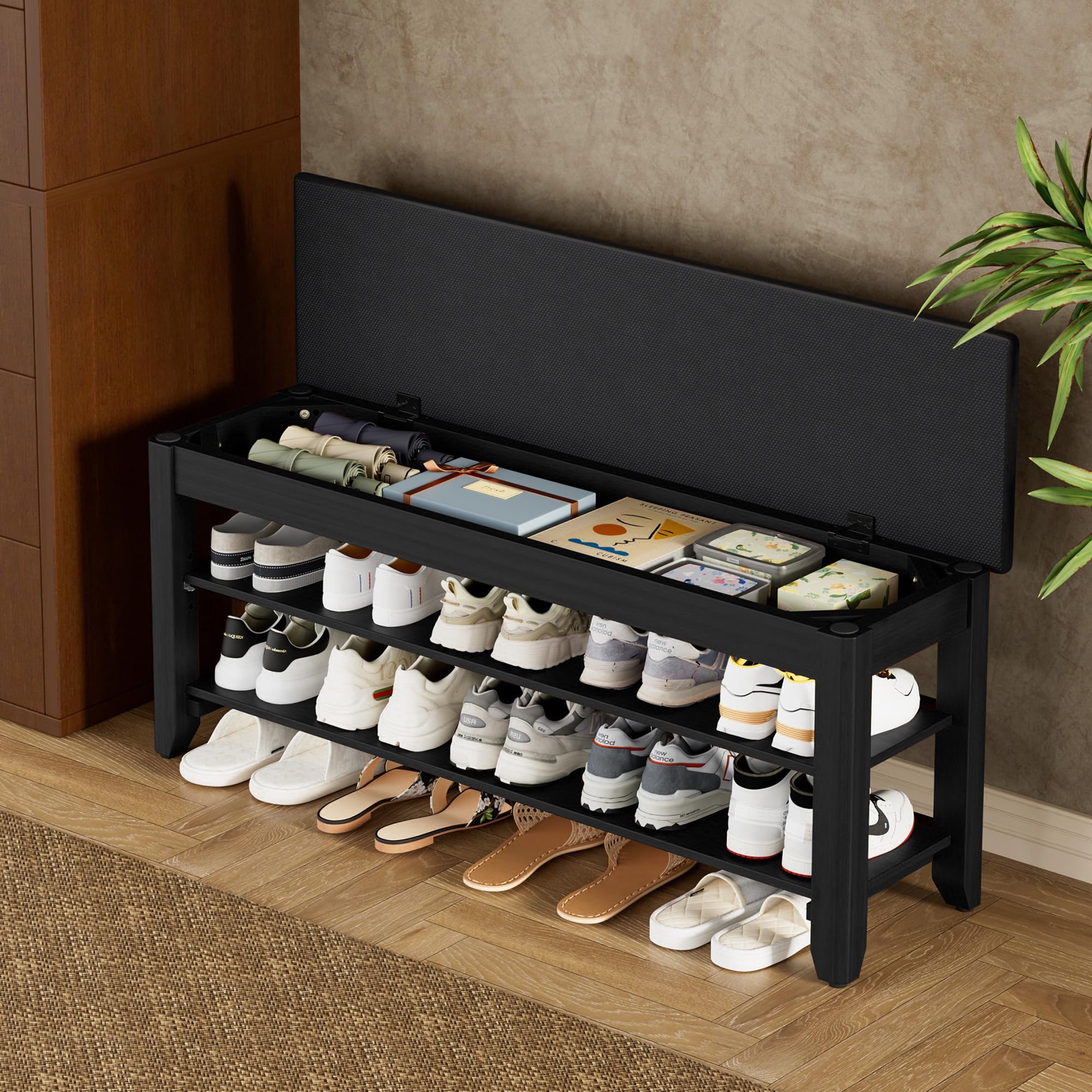 Homleke Shoe Rack Bench with Flip-Top Storage, Solid Wood Entryway Bench with Cushion, Adjustable Shelf, for Hallway, Mudroom, Closet – Walnut, 39.4"