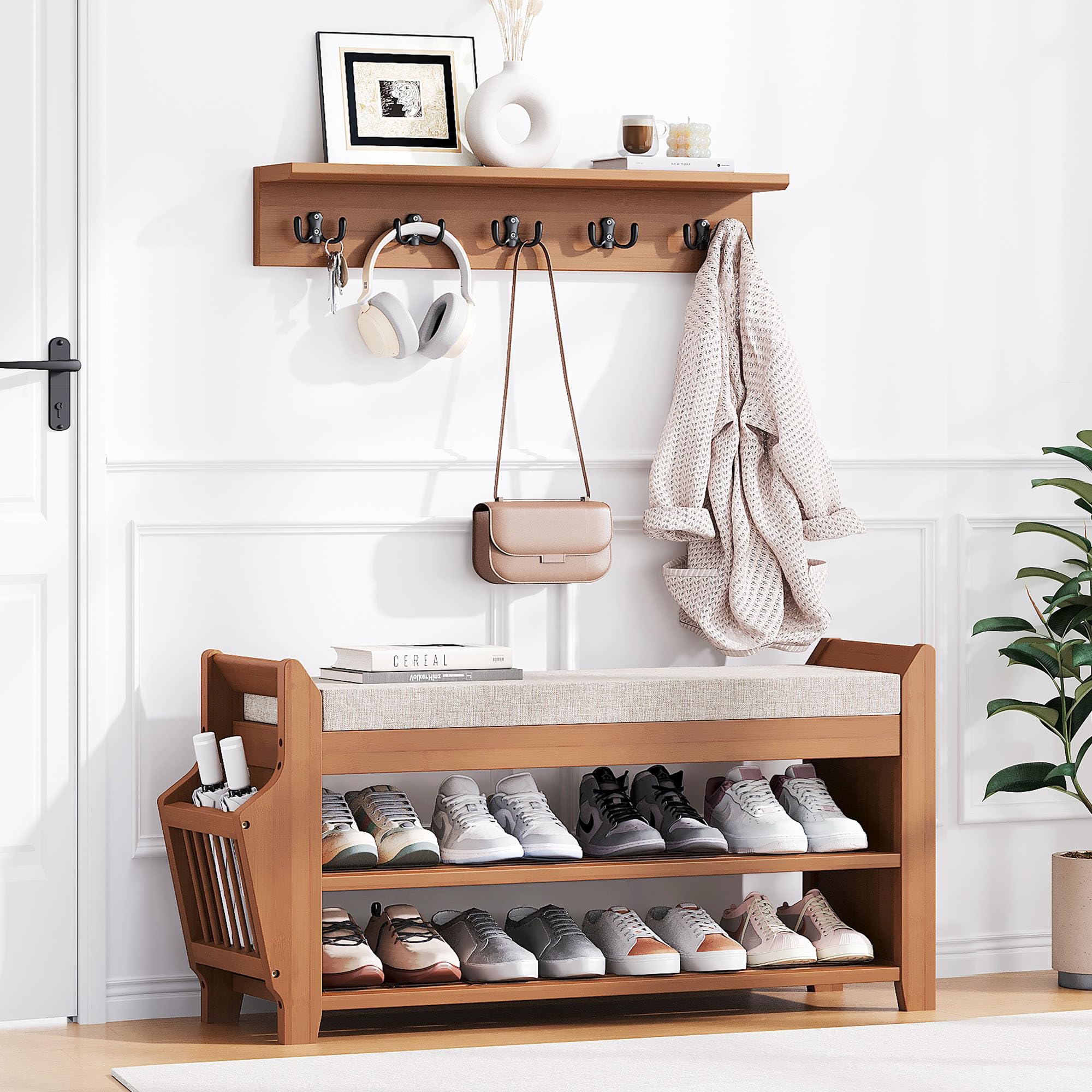 PETKABOO Shoe Bench with Hidden Drawer and Side Holder, 2 Tier Entryway Bench with Storage 39.4 in, Bamboo Shoe Rack with Cushion for Entryway Hallway Living Room Bedroom