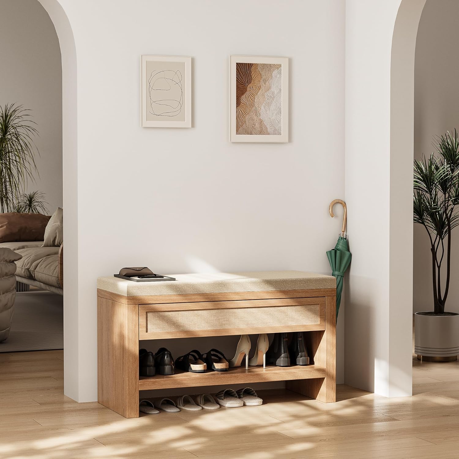 32” Shoe Bench with Storage Drawer, Farmhouse Entryway Bench with Linen Seat Cushion, Wooden Shoe Rack with Shelf for Entryway Hallway Living Room Bedroom, Oak