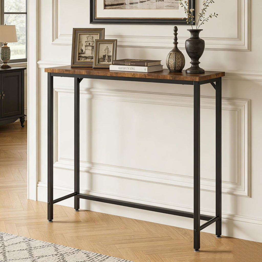 Narrow Console Table for Entryway with One-Piece Desktop (No Splicing), Slim Sofa Table Behind Couch, Thin Hallway Table for Small Spaces, Living Room Bedroom Office, Brown
