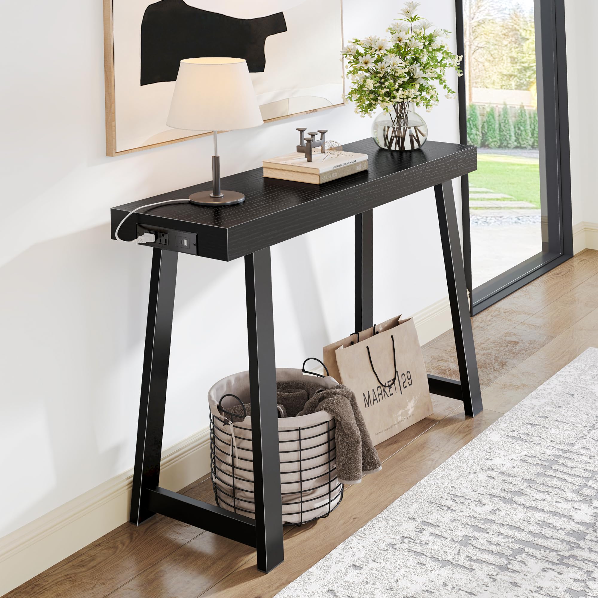 Huuger Entryway Console Table with Charging Station, USB-C Port, 39.4 Inch Sofa Table with Metal Legs, Entry Hallway Table with Thicker Desktop, Modern Behind Couch Table, Rustic Brown