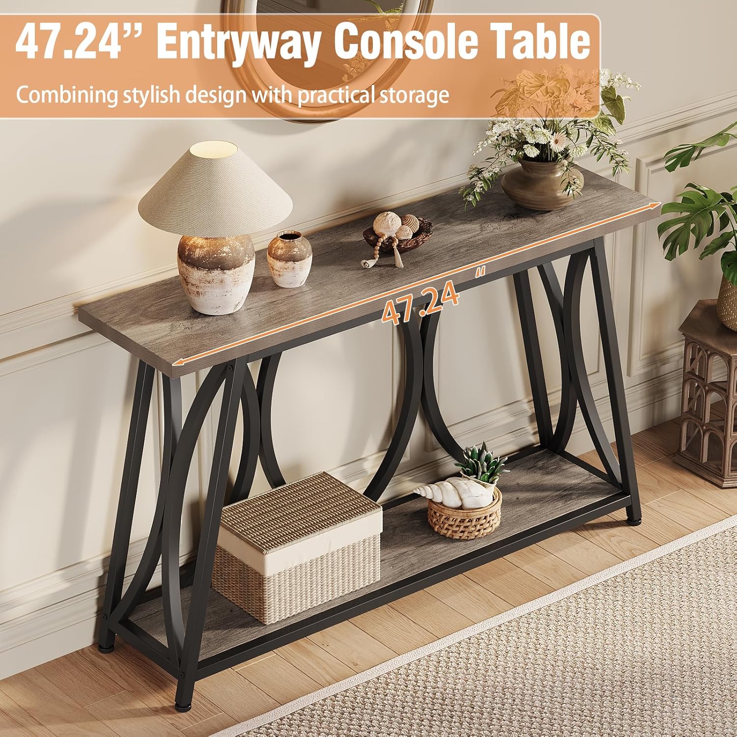 GiftGo 47.24 Inch Entryway Console Table, Industrial Sofa Table Behind Couch with Shelves, 2 Tier Wood Accent Table with Metal Frame for Living Room, Entrance, Hallway, Foyer, Vintage Gray