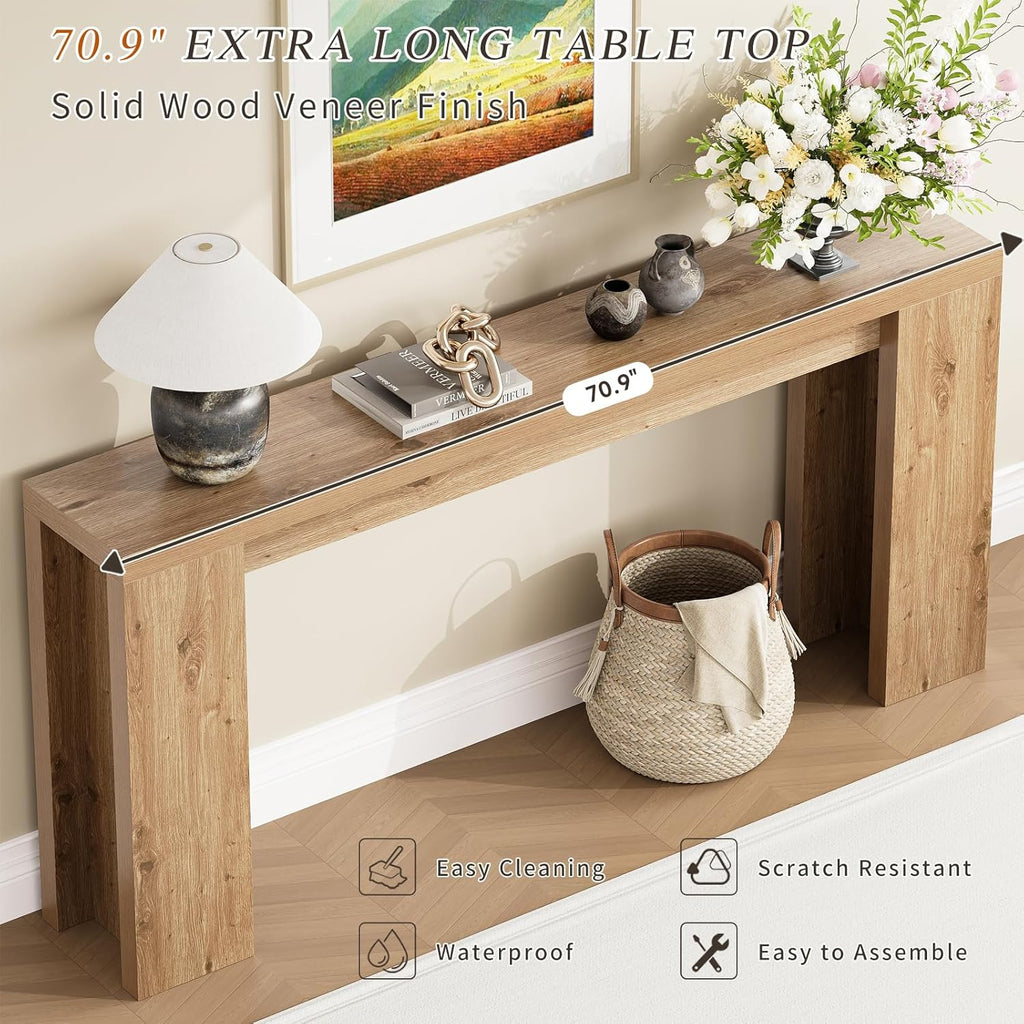 70.9 Inch Extra Long Console Table, Farmhouse Entryway Table with Thickened Base, Wood Sofa Table Behind Couch Table, Narrow Entryway Accent Table for Living Room, Hallway, Entrance, Foyer, Brown