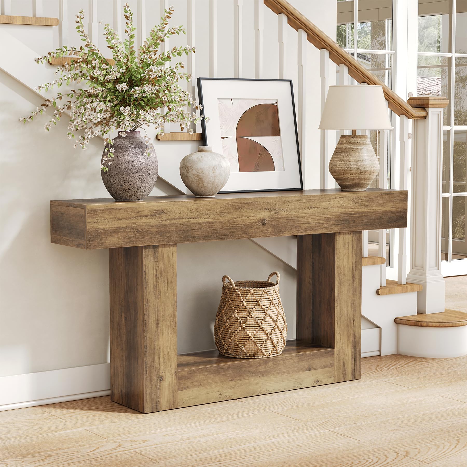 LITTLE TREE 63 Inches Long Console Table, 2-Tier Farmhouse Sofa Table Behind Couch, Large Narrow Entryway Table for Living Room, Wooden Hallway Foyer Table with Heavy Duty Base, Rustic Brown and Grey