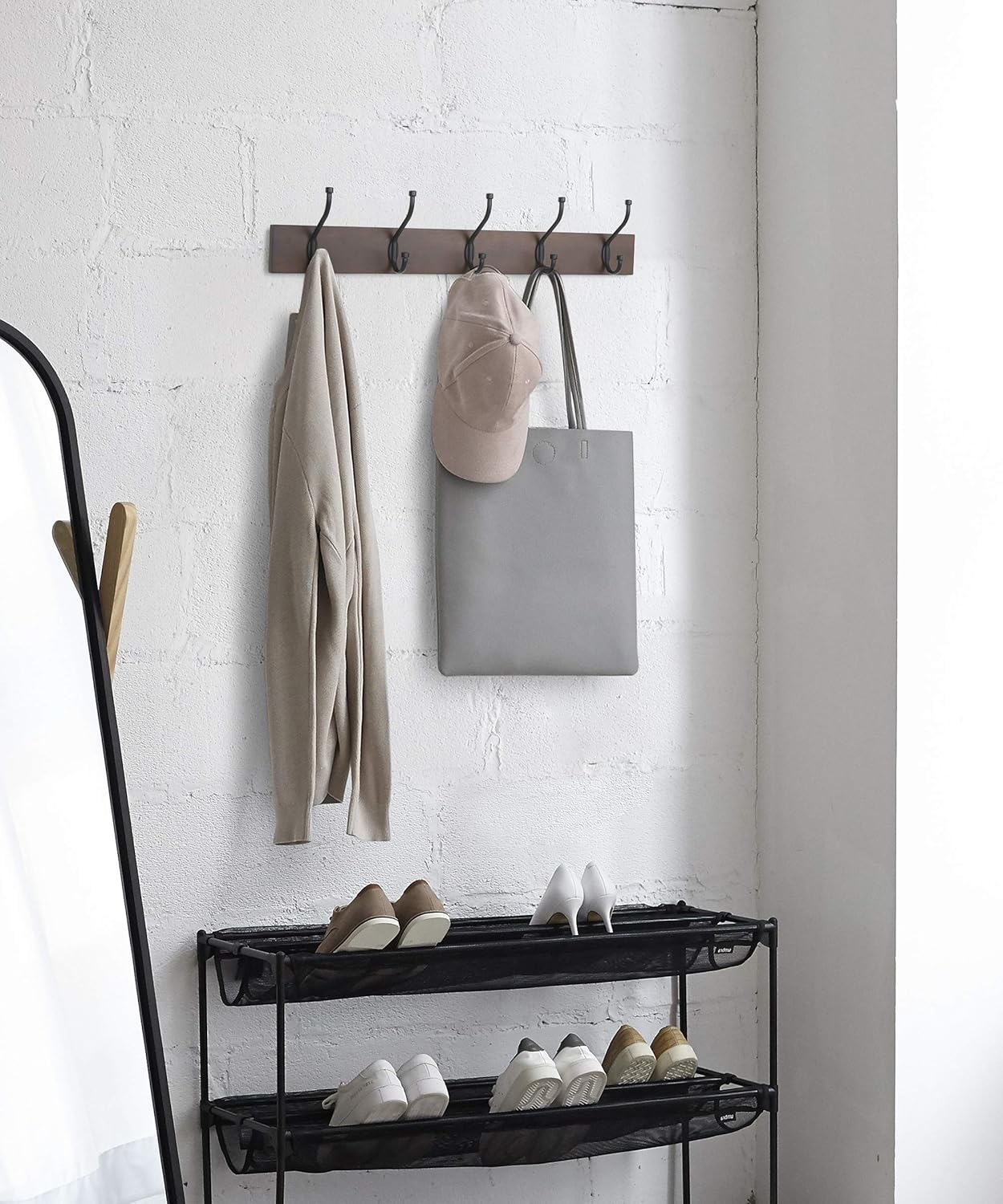 Amazon Basics Wall-Mounted Metal Coat Rack, 5 Hooks, Espresso | Farmhouse, Rectangular