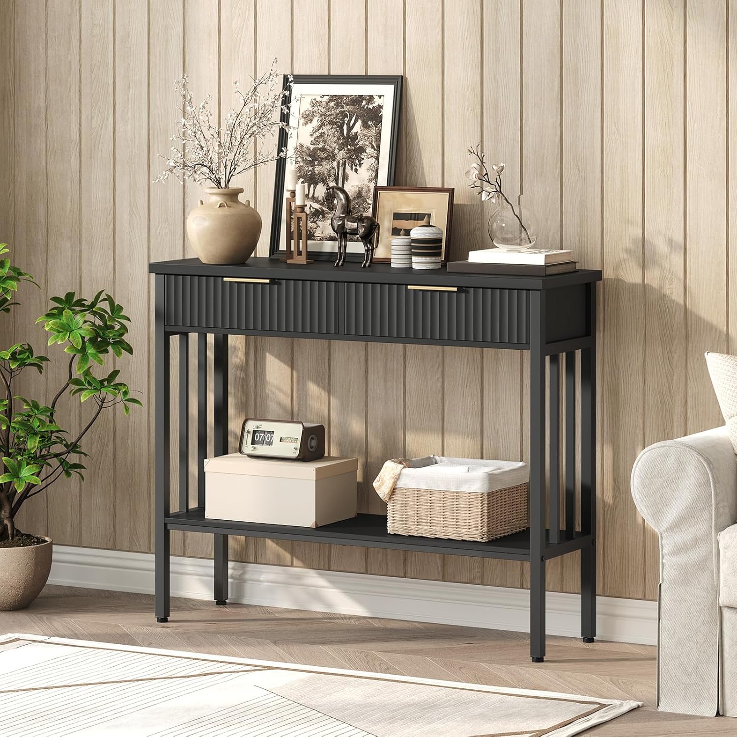 MAHANCRIS Console Table, Narrow Long Entry Table with Storage Shelf, 2-Tier Fluted Entryway Table with 2 Drawers, for Entryway, Living Room, Foyer, Hallway, Office, Black CTHB5101
