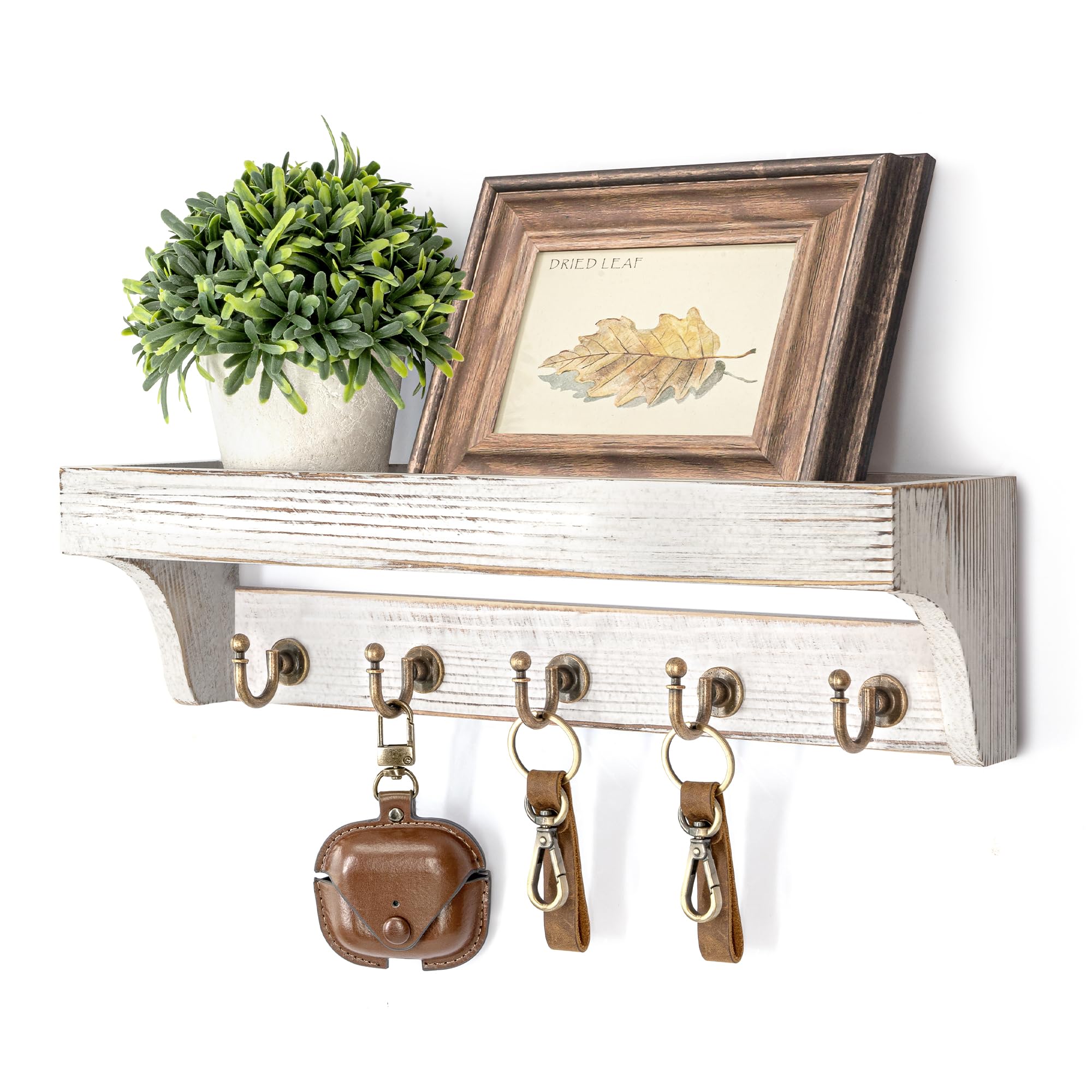Rebee Vision Farmhouse Key Holder for Wall - Decorative Wooden Mail Organizer with 5 Rustic Key Hooks and Floating Shelf for Home Decor, Hallway, Entryway, Appartment (Retro Brown)